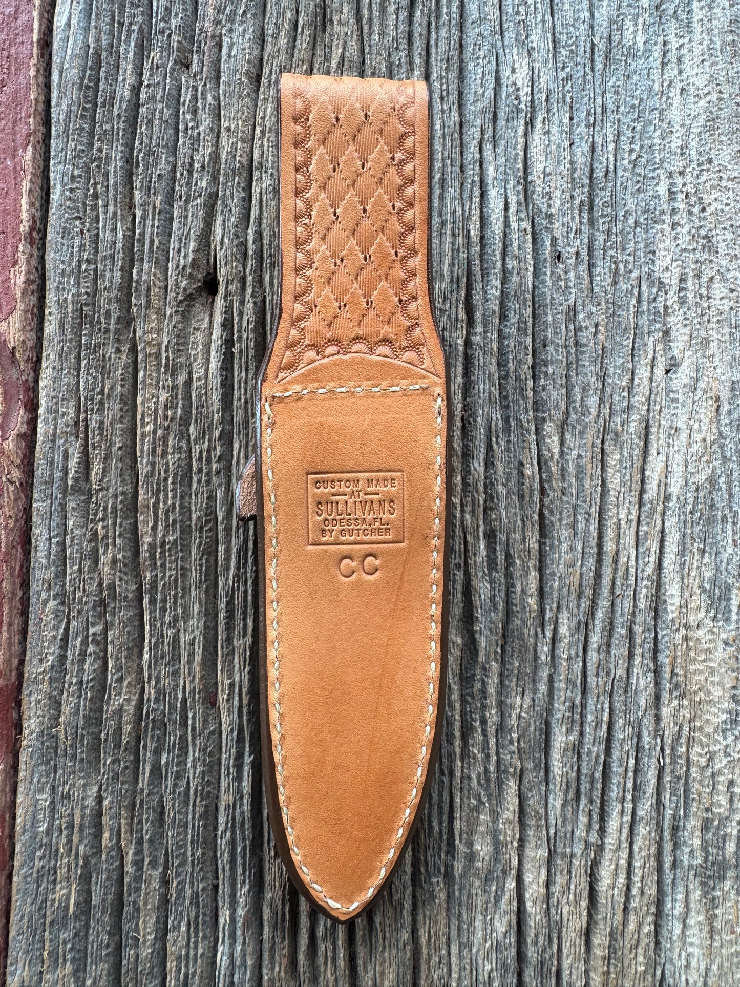 New Randall Model Combat Companion Sheath in Exotic Brown Natural Croc with full leather hand tooled belt loop. Custom Made at Sullivan’s by Gutcher.