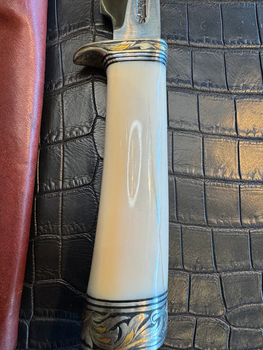Randall Model 26 in Elephant Ivory, Gold and Silver Engraved, Nickel Silver Single Hilt and Butt cap fully engraved.