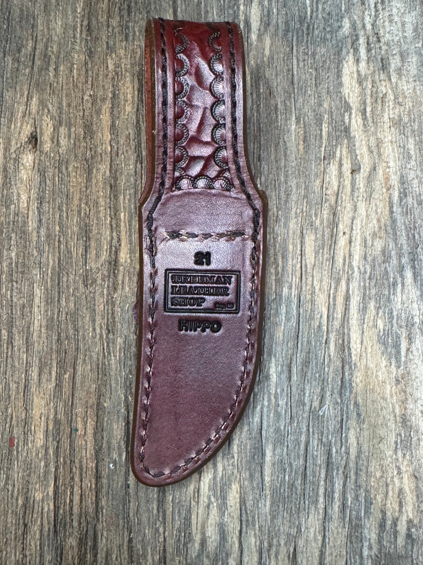 Randall Model 21 Sheath in Exotic Chocolate Hippo from Treeman.