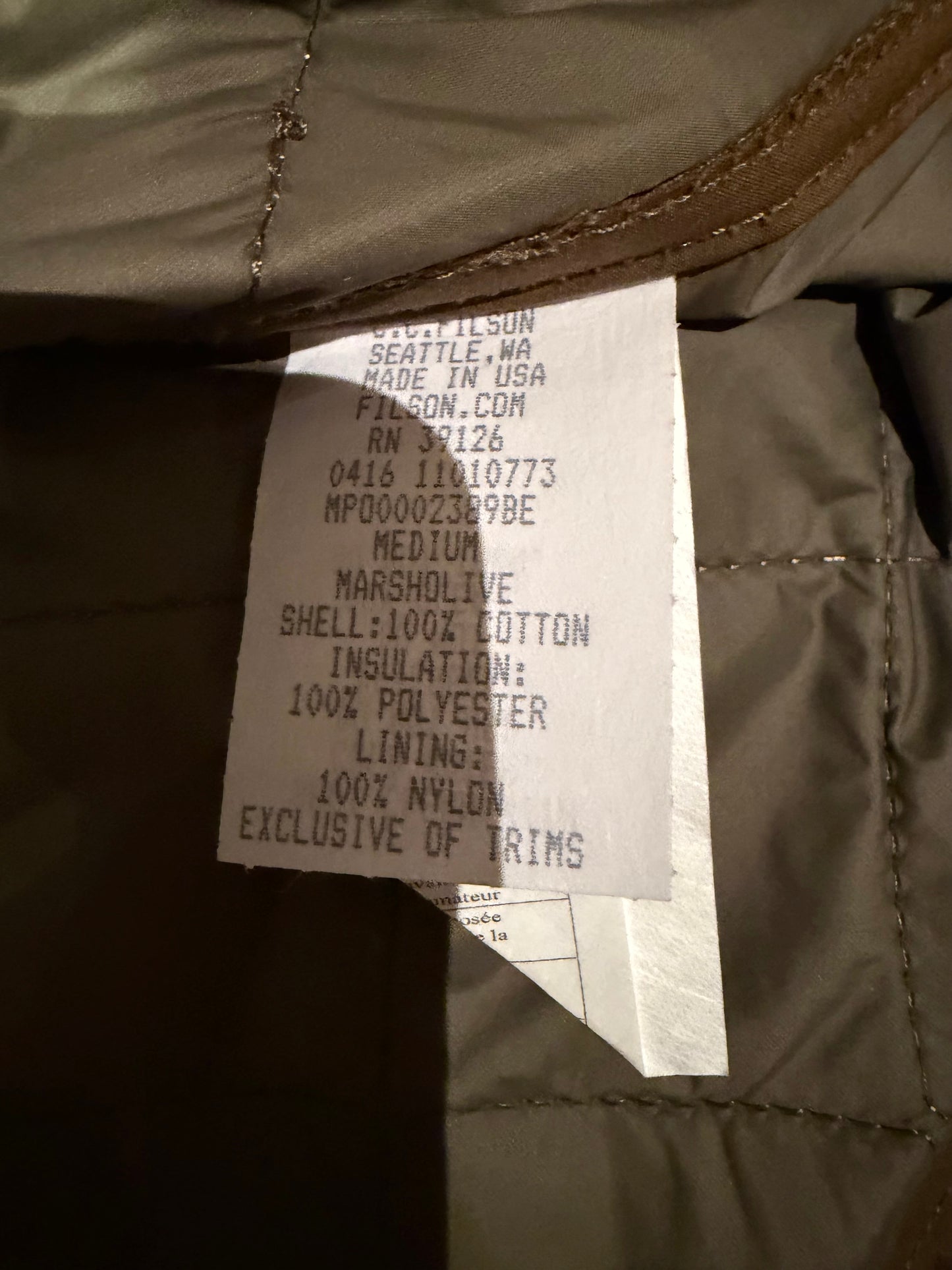 Filson Quilted Mile Marker Jacket NWT Vintage 11010773 Marsh Olive Medium Made in the USA
