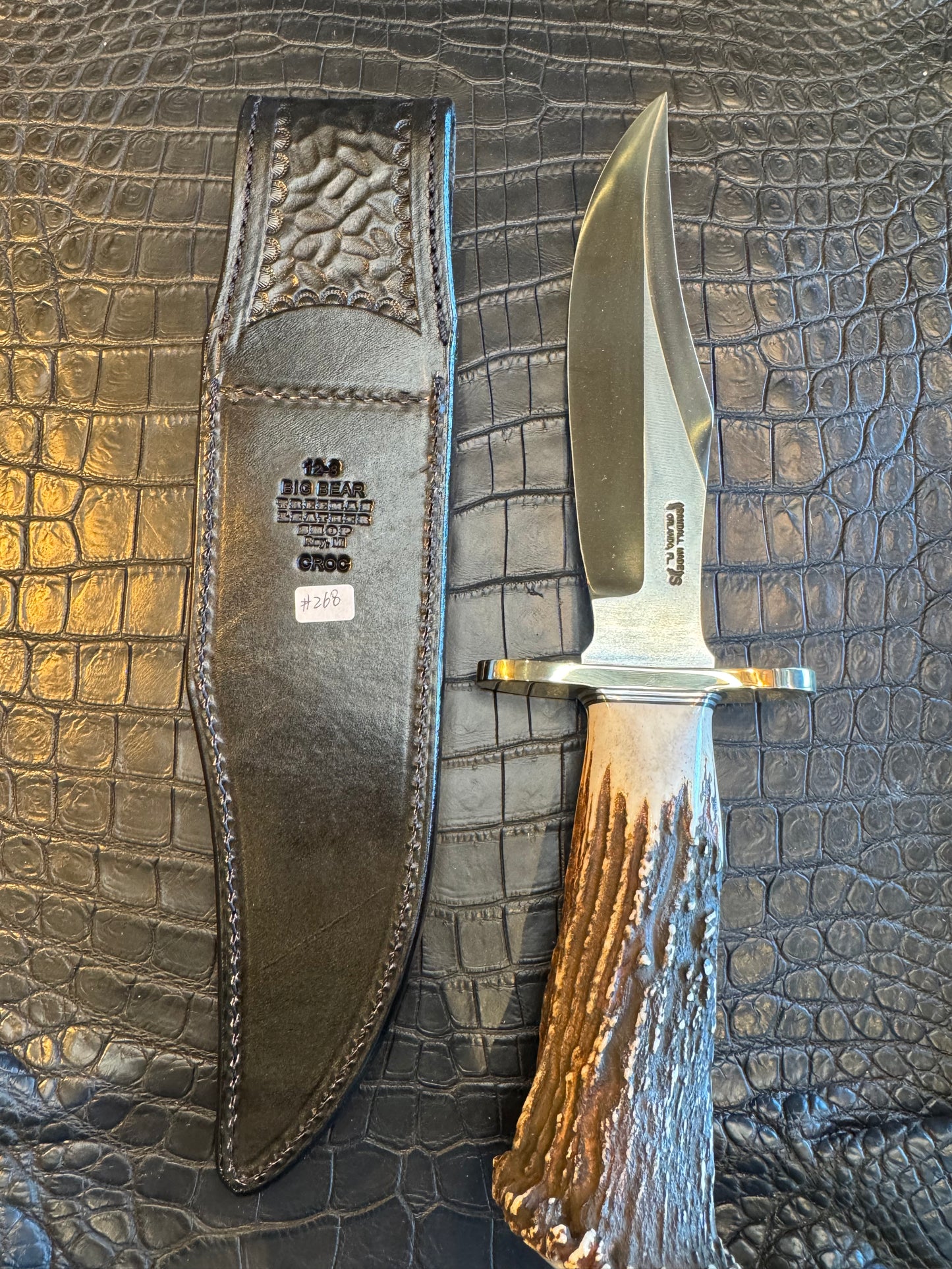Randall Model 12-8 “Big Bear” Sheath in Exotic Black Hornback Crocodile Tail by Treeman. (Sheath only)