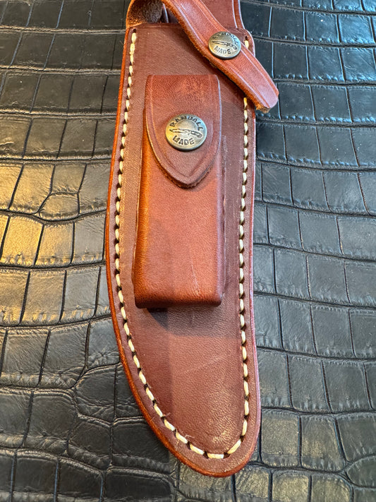New unused Randall Model 12-6 “Little Bear” Sheath in Brown Leather made at Sullivans by Gutcher in Tampa Florida. Official sheath maker for Randall Knives.