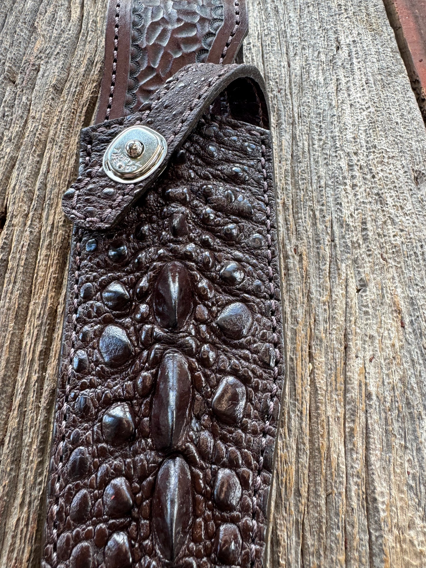 Randall Model 12-8 “Big Bear” Sheath in Exotic Dark Brown Snapping Turtle by Treeman. Spiked Dragon tail portion of the turtle.