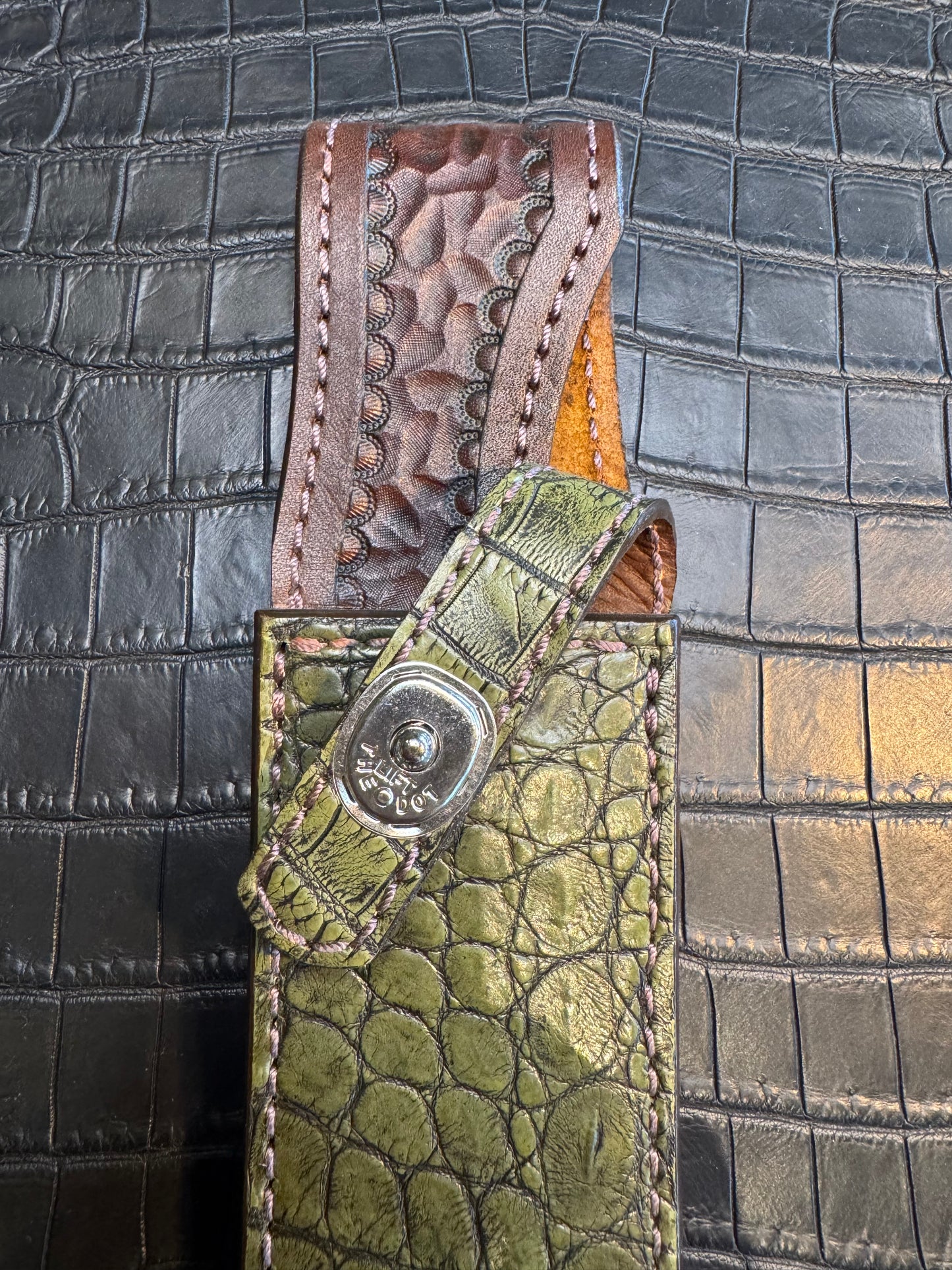 Randall Model 1-8 in Army Green Crocodile. Straight hilt, Canteen Snap, full brass stamping and stitching.