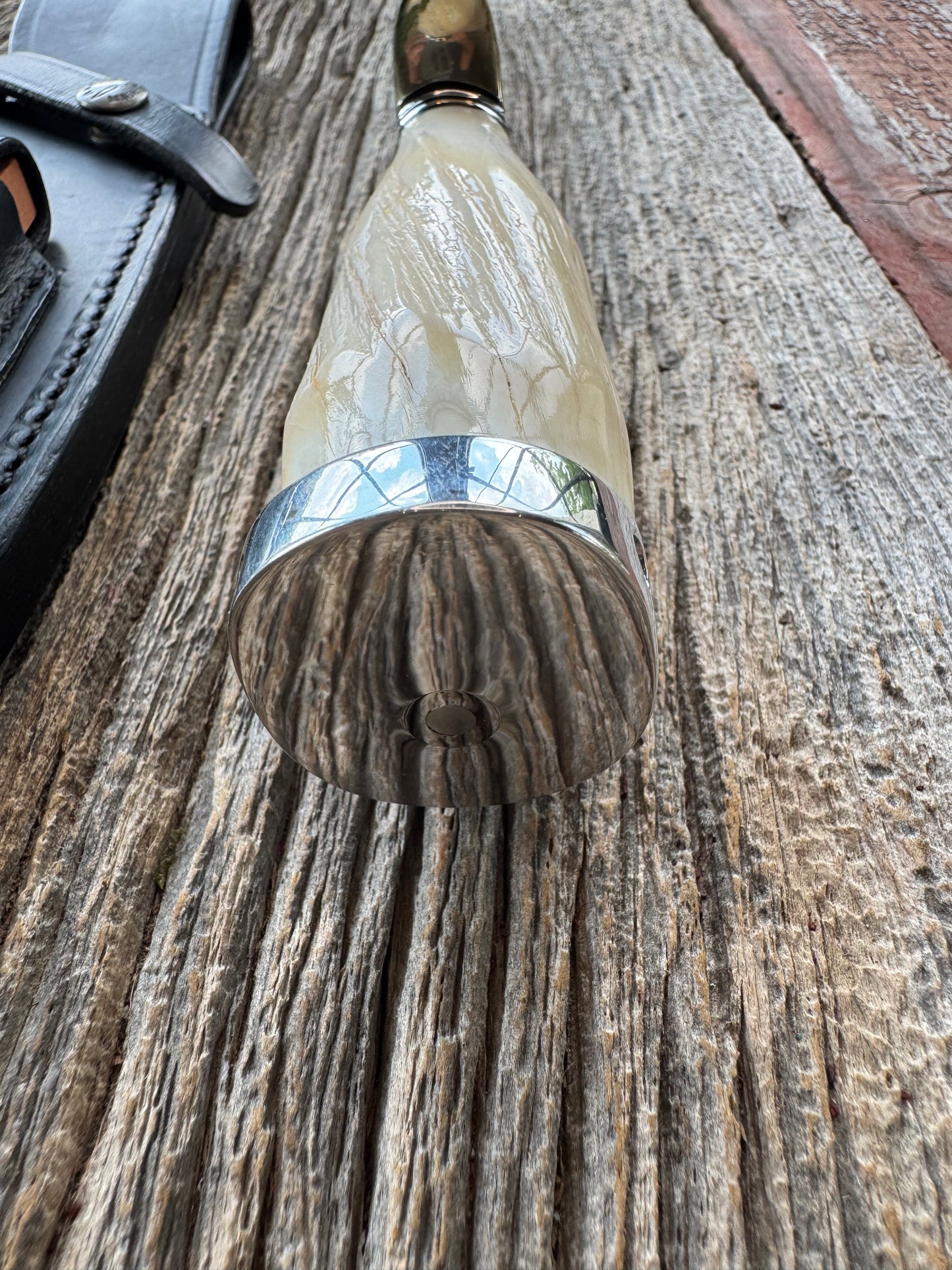 Rare Randall Model Small Sasquatch in Beautiful Spiraled Narwal, Nickel Silver hilt and aluminum crows beak butt. Stainless steel, Stunning and rare.