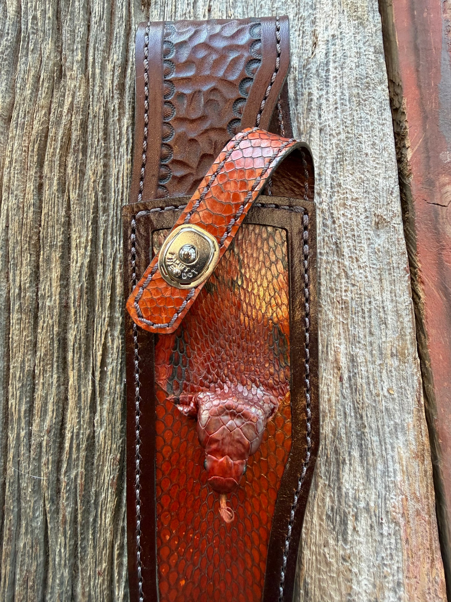 New Randall Model 12-8 Big Bear Sheath in Exotic Cobra with actual head by Treeman. Black and Browns … one of only a three I made.