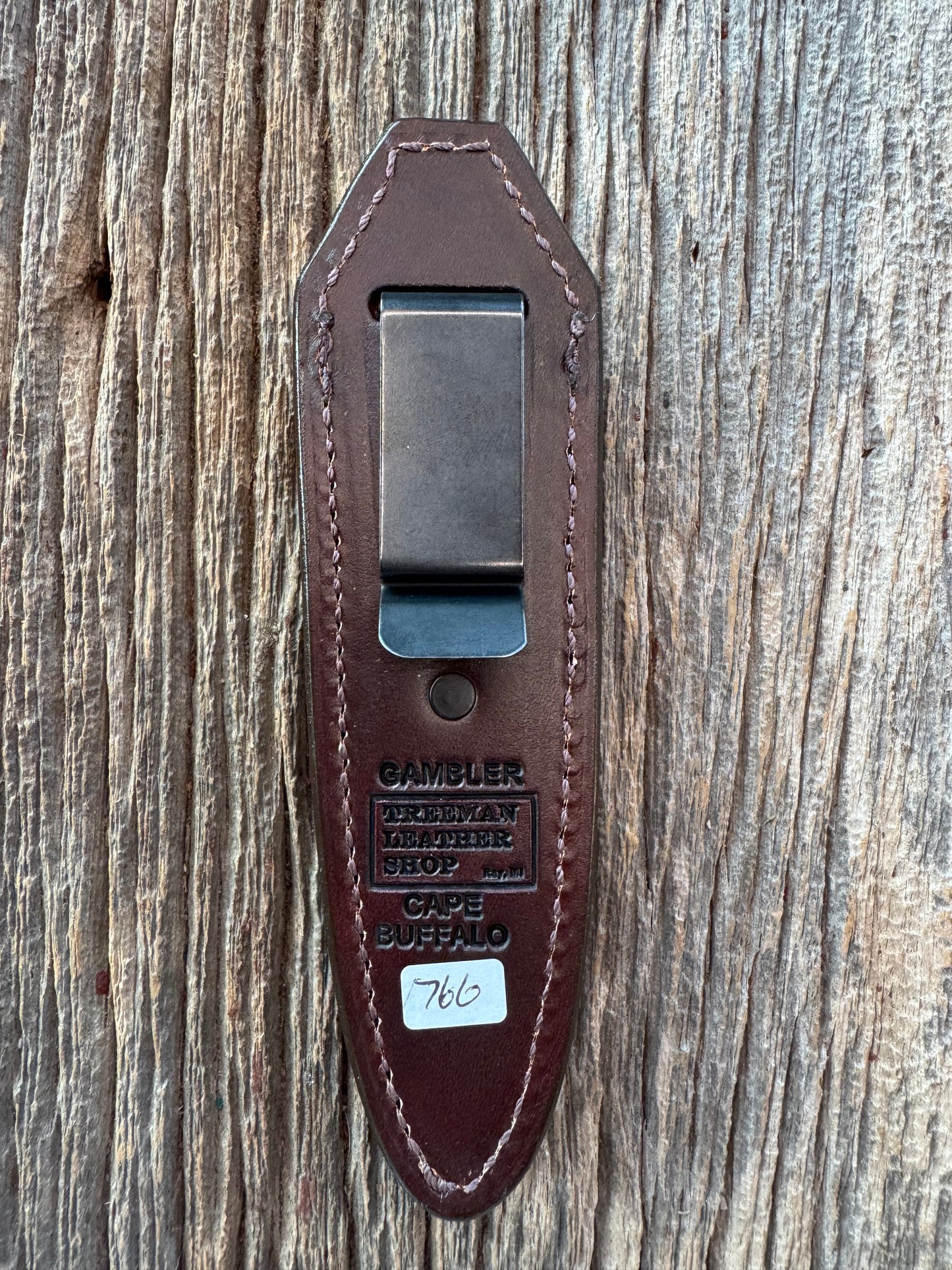 Randall Model Gambler 5 Inch Sheath in Exotic Cape Buffalo in Dark Brown Leather from Treeman.