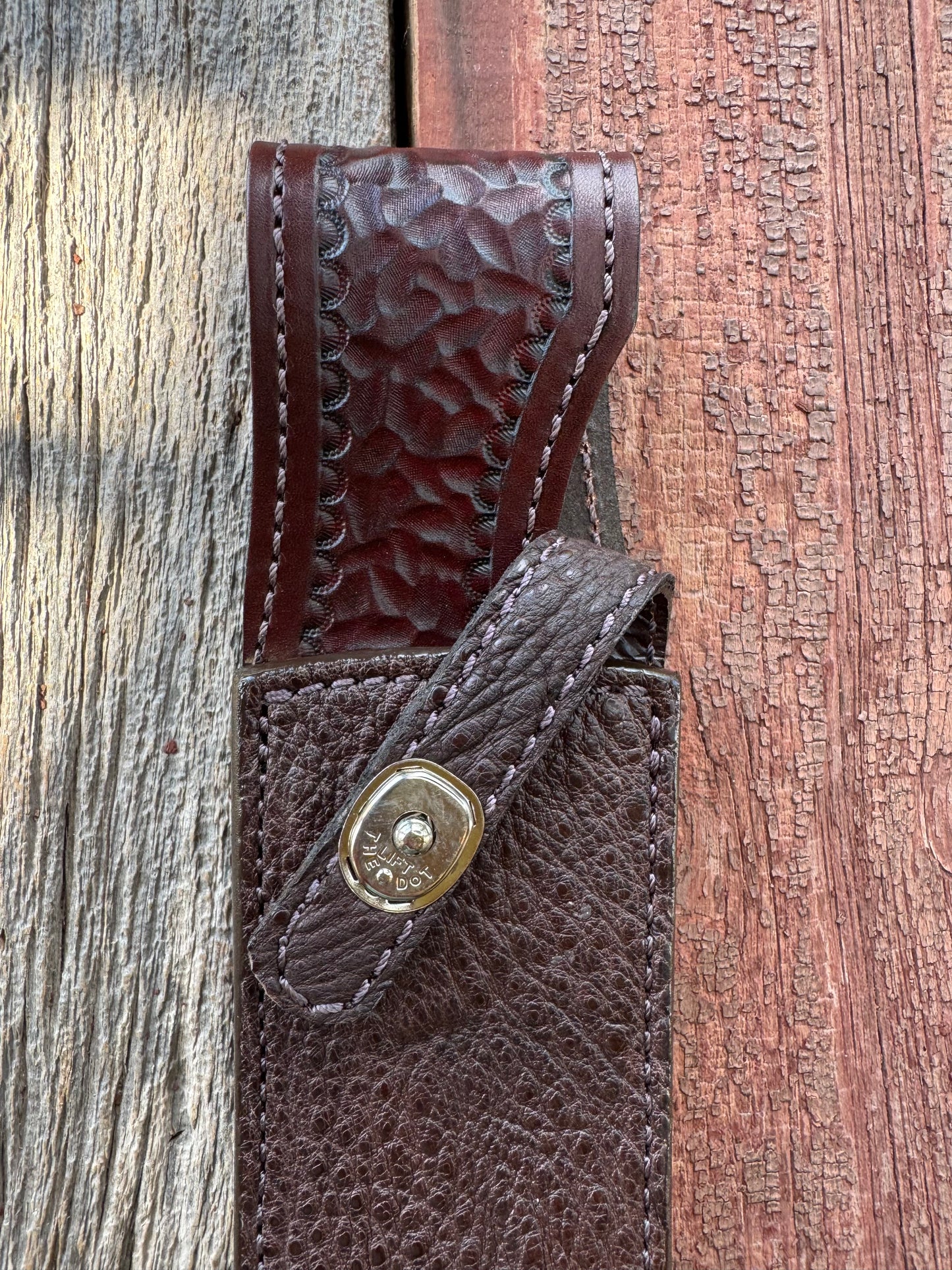 Randall Model 12-9/14 Grind Sheath in Exotic Dark Brown Snapping Turtle by Treeman. Supple tanned leather from the hind quarter.