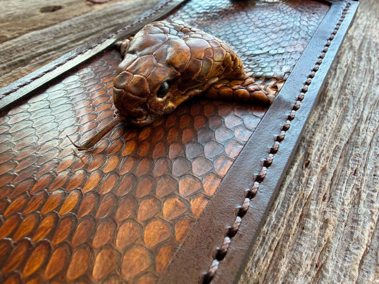 New Randall Model 12-11 Smitty Sheath in Exotic Cobra with actual head by Treeman. Black and Browns … Only have one.