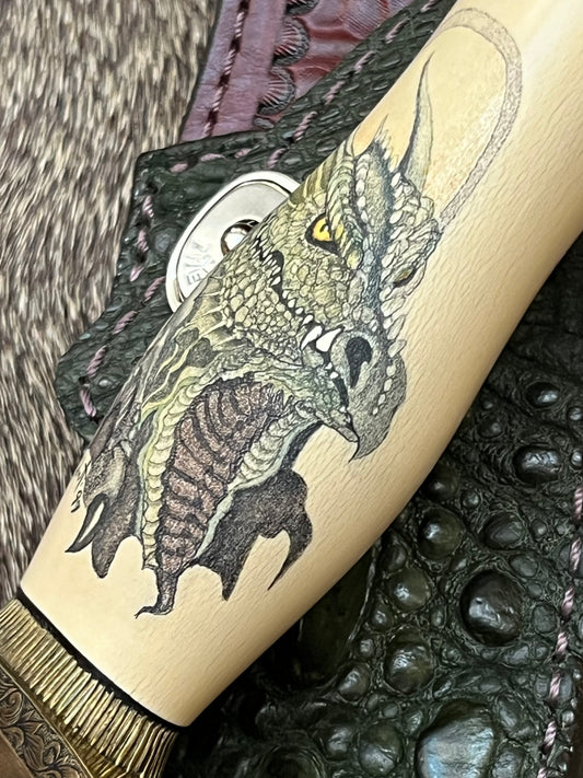 12-8 Bear Bowie Dragon Scrimshaw and Engraved with Custom Treeman Sheath