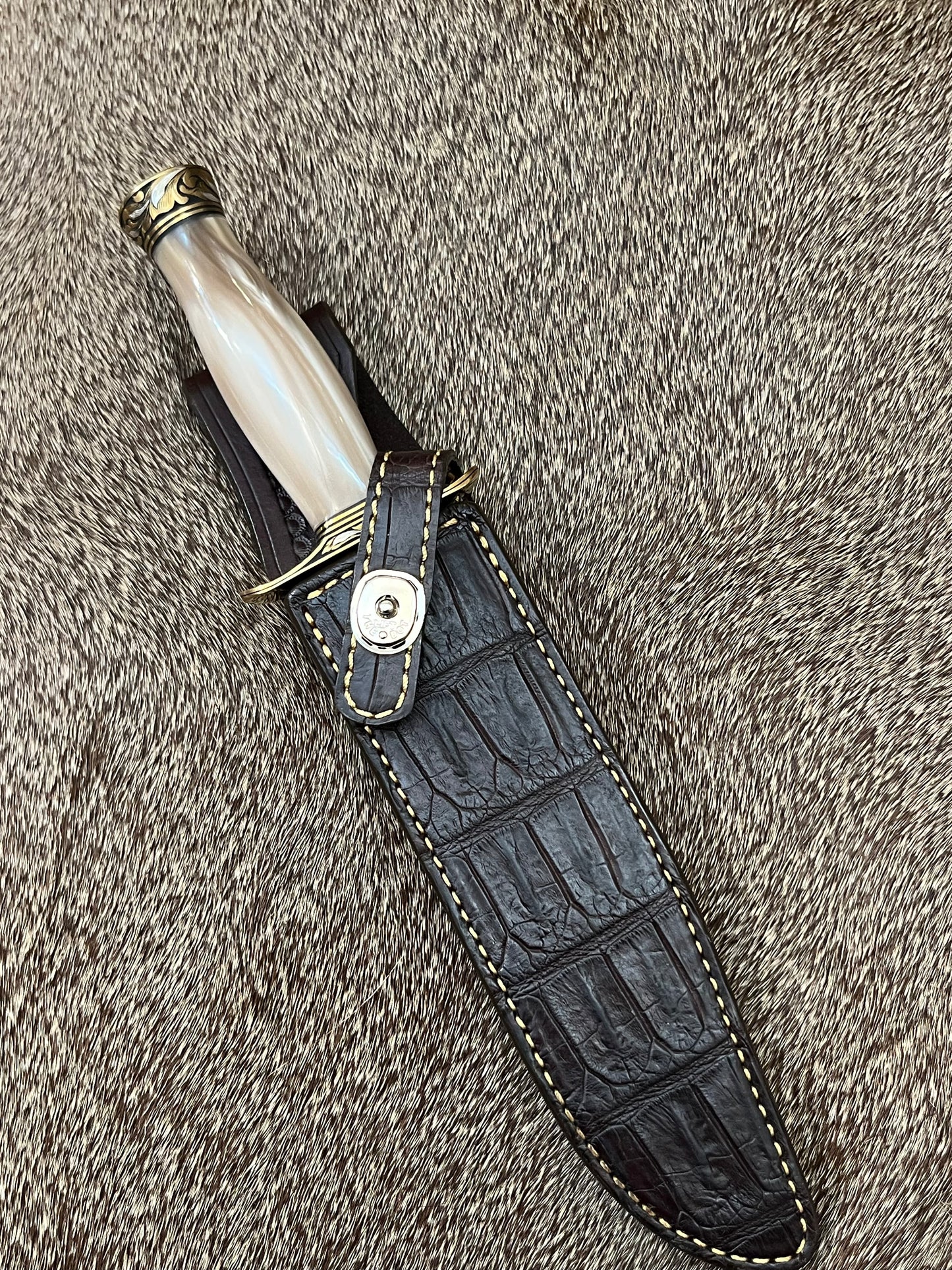 Model 1-8” All Purpose Fight Knife with saw and Brown Pearl Kirinite Handle Engraved Master Engraver Jere Davidson with Fine Silver Enlays
