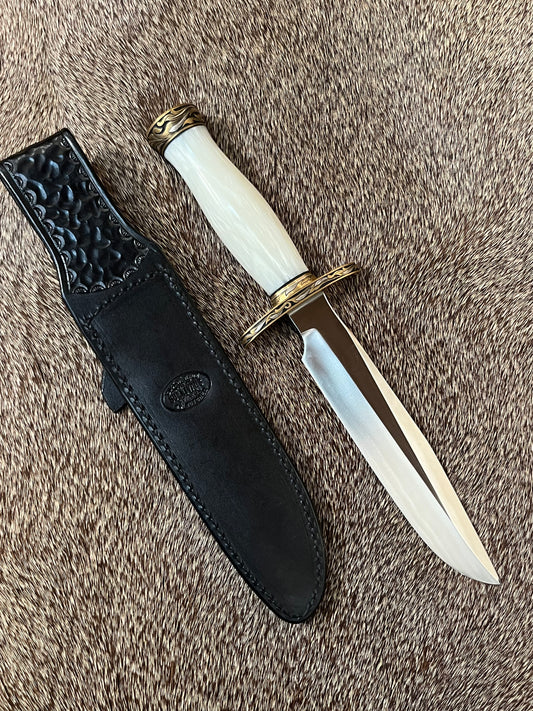 Model 1-7” All Purpose Fighting Knife, Engraved by Master Engraver Jere Davidson with Fine Silver Inlays, comes with Custom Black Leather Tooled Gutcher Sheath