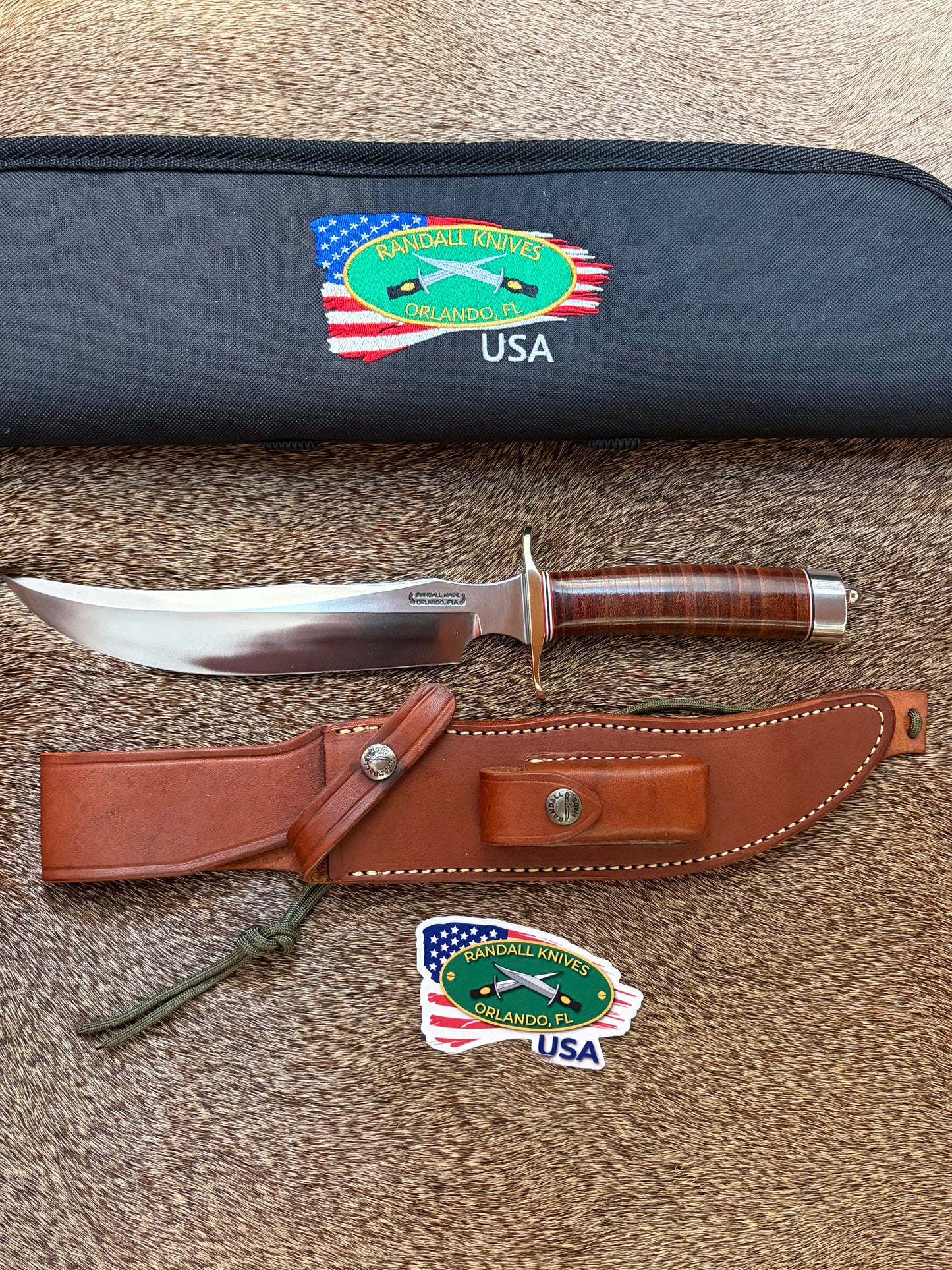 Model 4-8” Randall Knife Society Fighter, designed after a WWII Fighter, only 384 in Leather