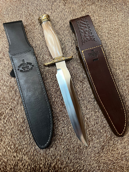 Model 1-8” All Purpose Fight Knife with saw and Brown Pearl Kirinite Handle Engraved Master Engraver Jere Davidson with Fine Silver Enlays