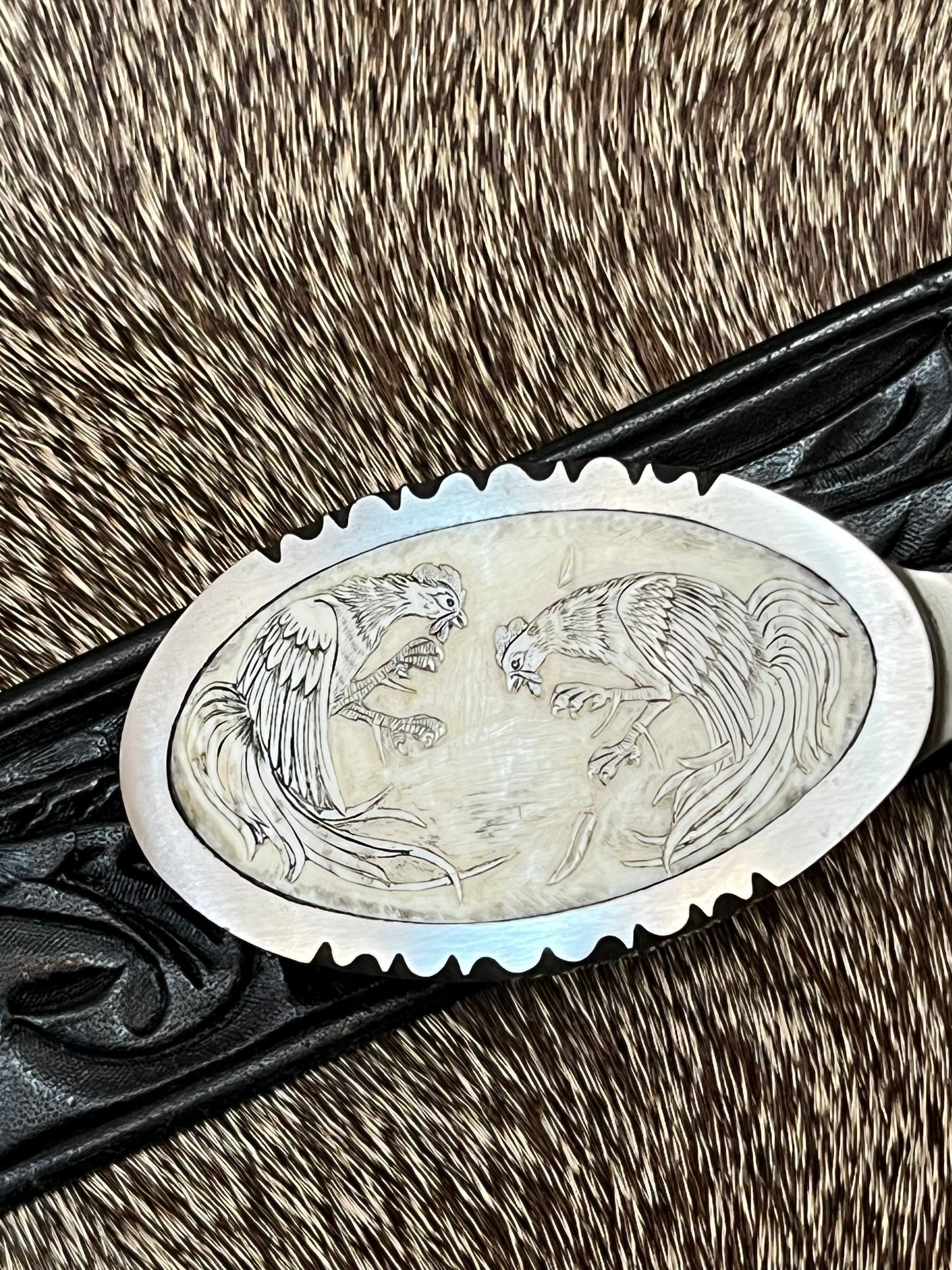 Jimmy Lile Belt Buckle Knife Carved Ivory Fighting Rooster’s