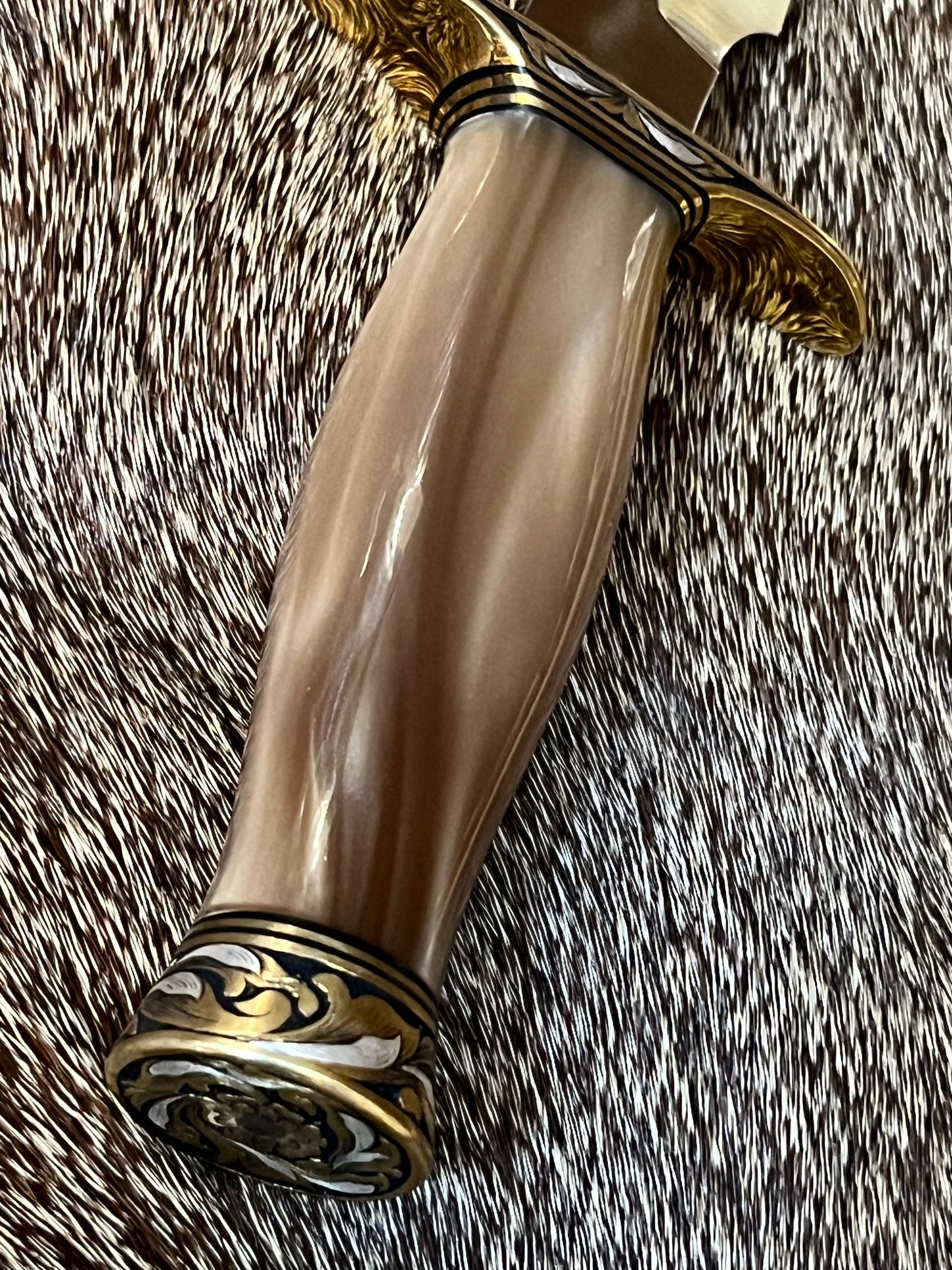 Model 1-8” All Purpose Fight Knife with saw and Brown Pearl Kirinite Handle Engraved Master Engraver Jere Davidson with Fine Silver Enlays