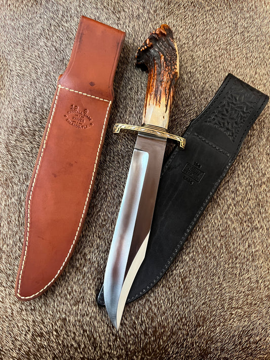 12-9 Sportsman Bowie with Beautiful Crown Stag, Engraved by Master Engraver Jere Davidson with Fine Silver Inlay