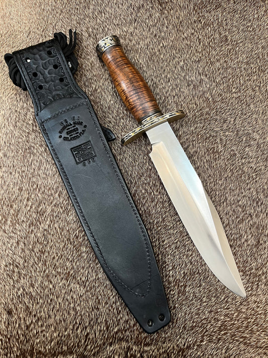 12-9” #14 Grind Sportsman Bowie, Engraved by Master Engraver Jere Davidson with Gold Inlays, Curly Koa Commando Handle and Custom Black Ostrich Gutcher Sheath