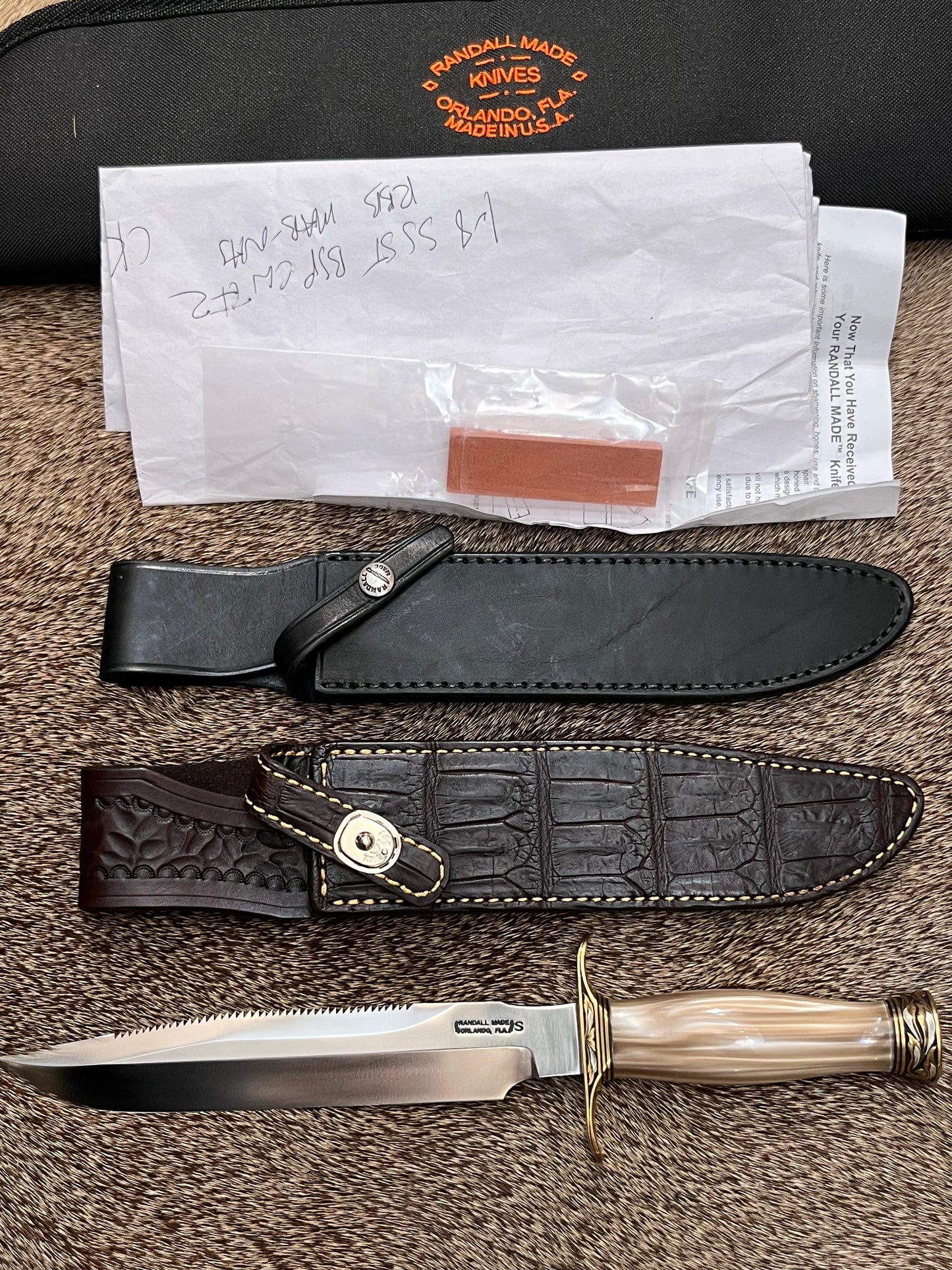 Model 1-8” All Purpose Fight Knife with saw and Brown Pearl Kirinite Handle Engraved Master Engraver Jere Davidson with Fine Silver Enlays