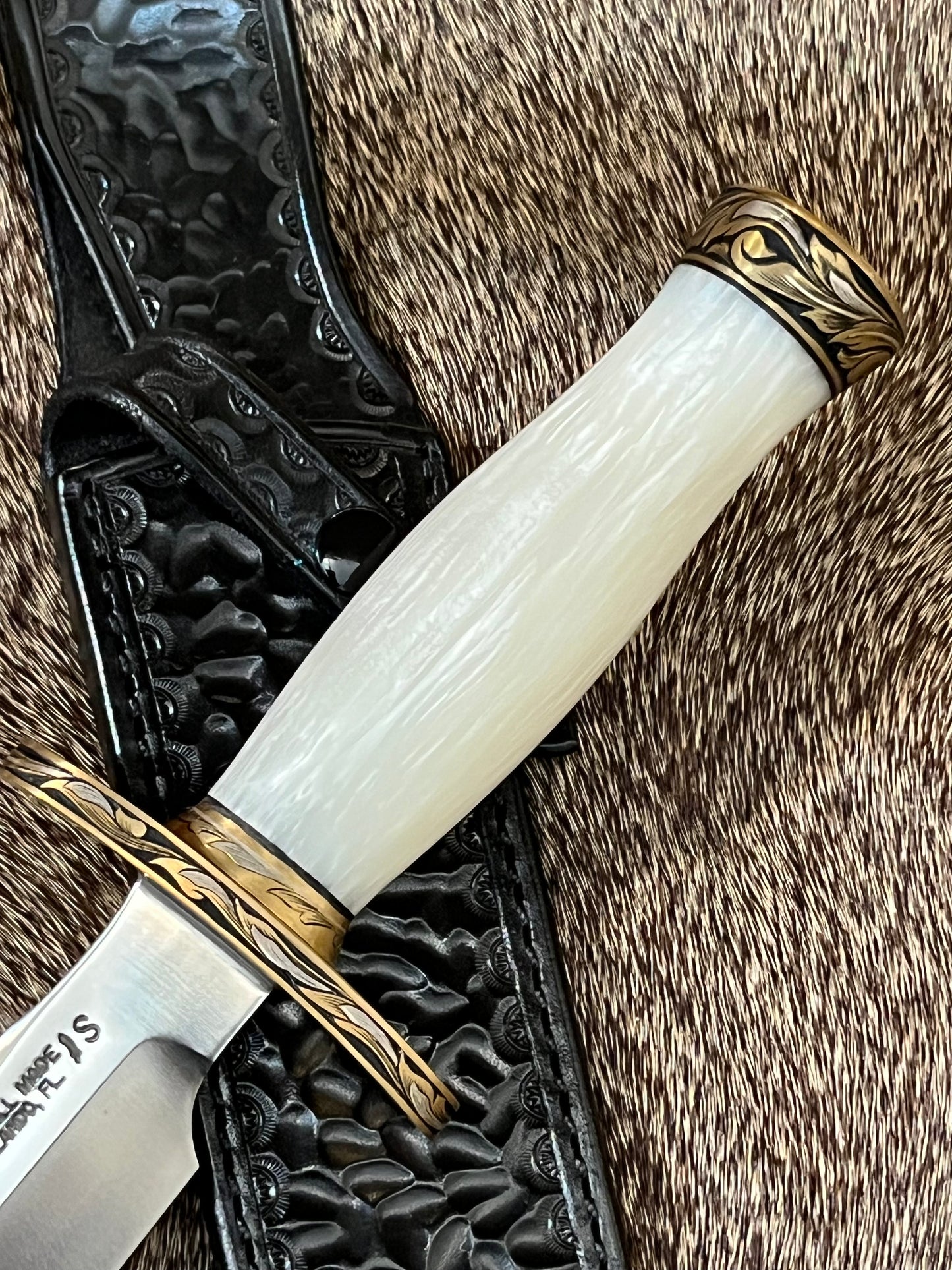 Model 1-7” All Purpose Fighting Knife, Engraved by Master Engraver Jere Davidson with Fine Silver Inlays, comes with Custom Black Leather Tooled Gutcher Sheath