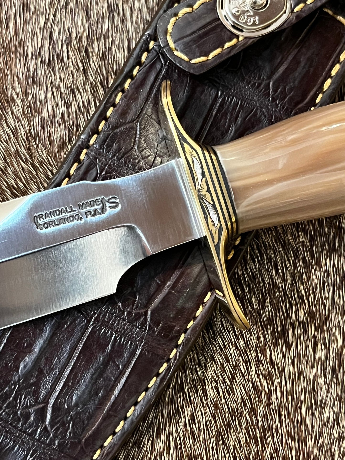 Model 1-8” All Purpose Fight Knife with saw and Brown Pearl Kirinite Handle Engraved Master Engraver Jere Davidson with Fine Silver Enlays