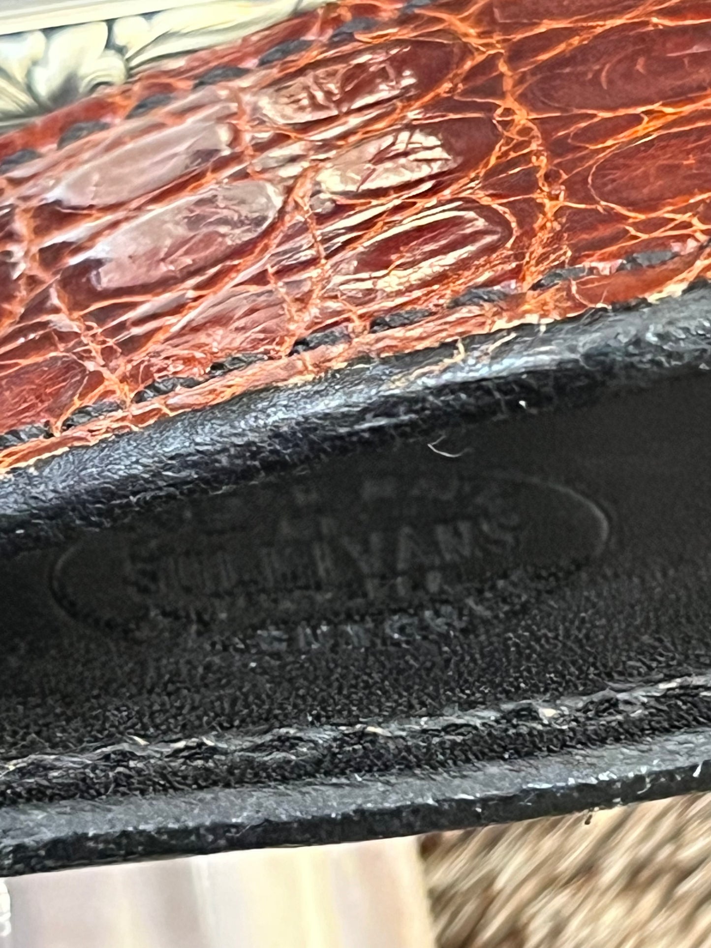 Model 2-5” Fossil Walrus with Custom Gutcher Sheath fully wrapped gloss brown crock, Engraving artist unknown, looks a lot like Ron Skaggs work