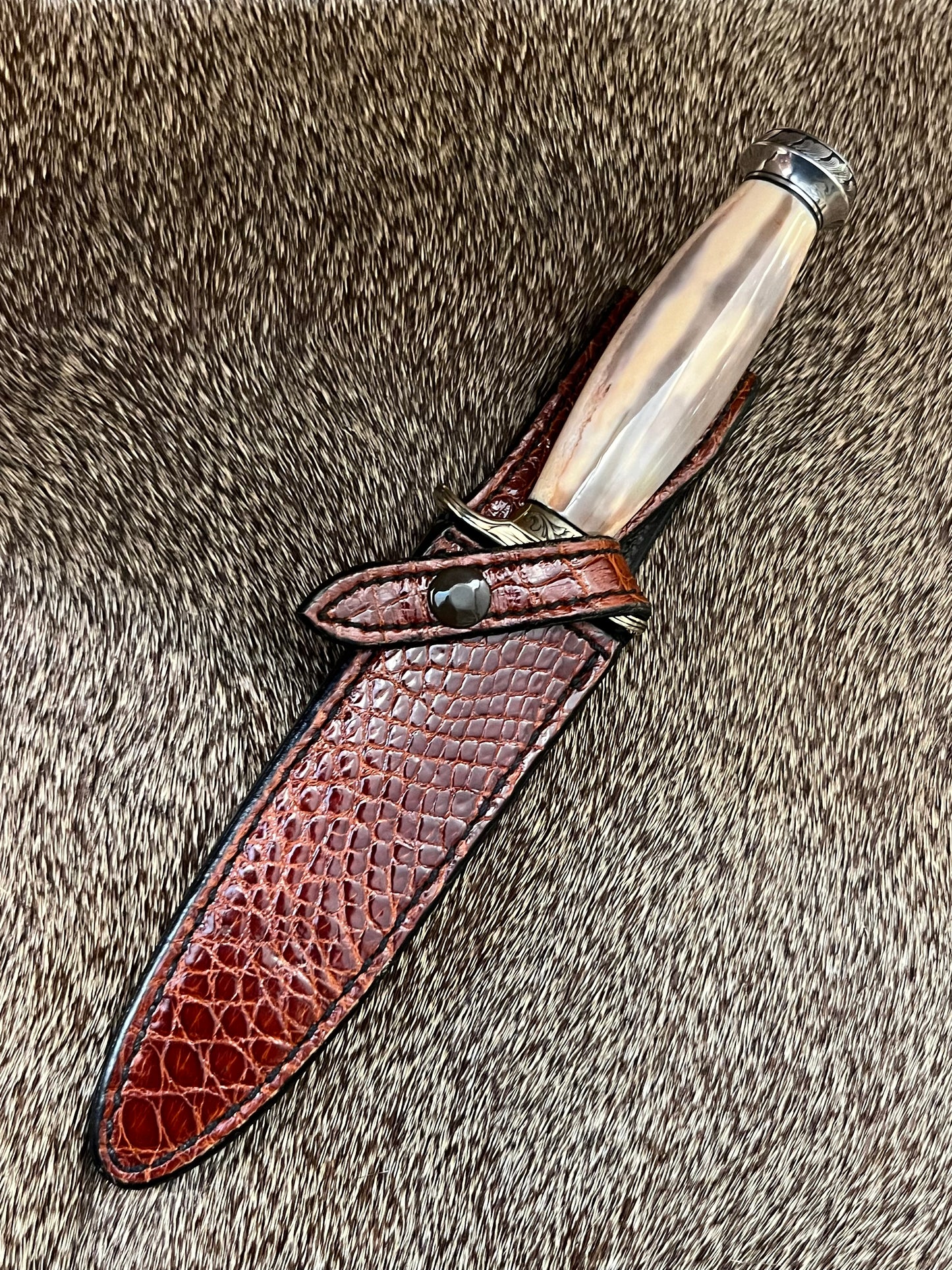 Model 2-5” Fossil Walrus with Custom Gutcher Sheath fully wrapped gloss brown crock, Engraving artist unknown, looks a lot like Ron Skaggs work