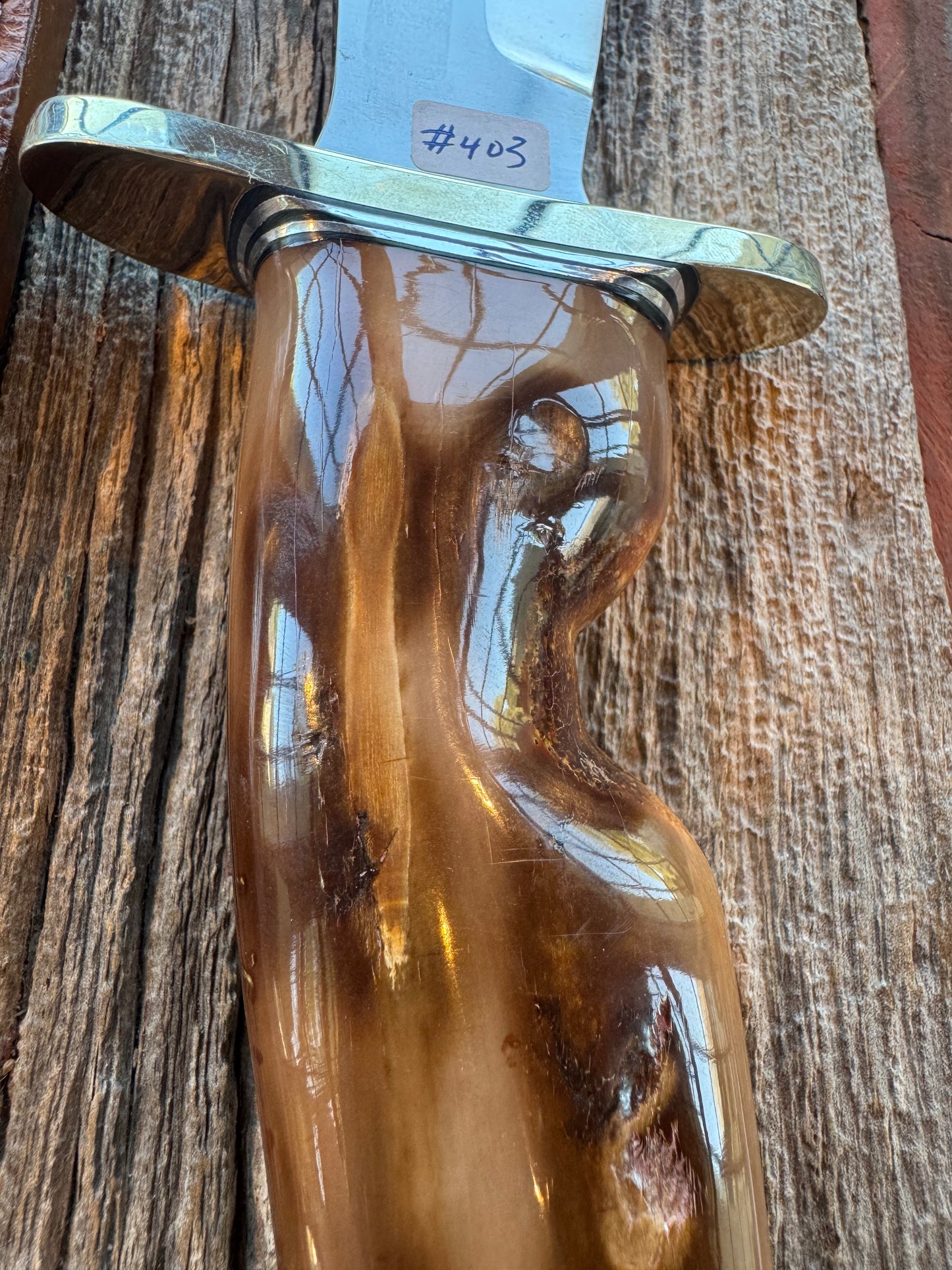 Randall Knife Model 12-8 Big Bear. Gorgeous piece of creamy Artifact Ice Ax Chisel with ginger groove in Fossil Walrus Ivory. ( Creams, greens) Nickel silver hilt and natural butt. Stainless steel.