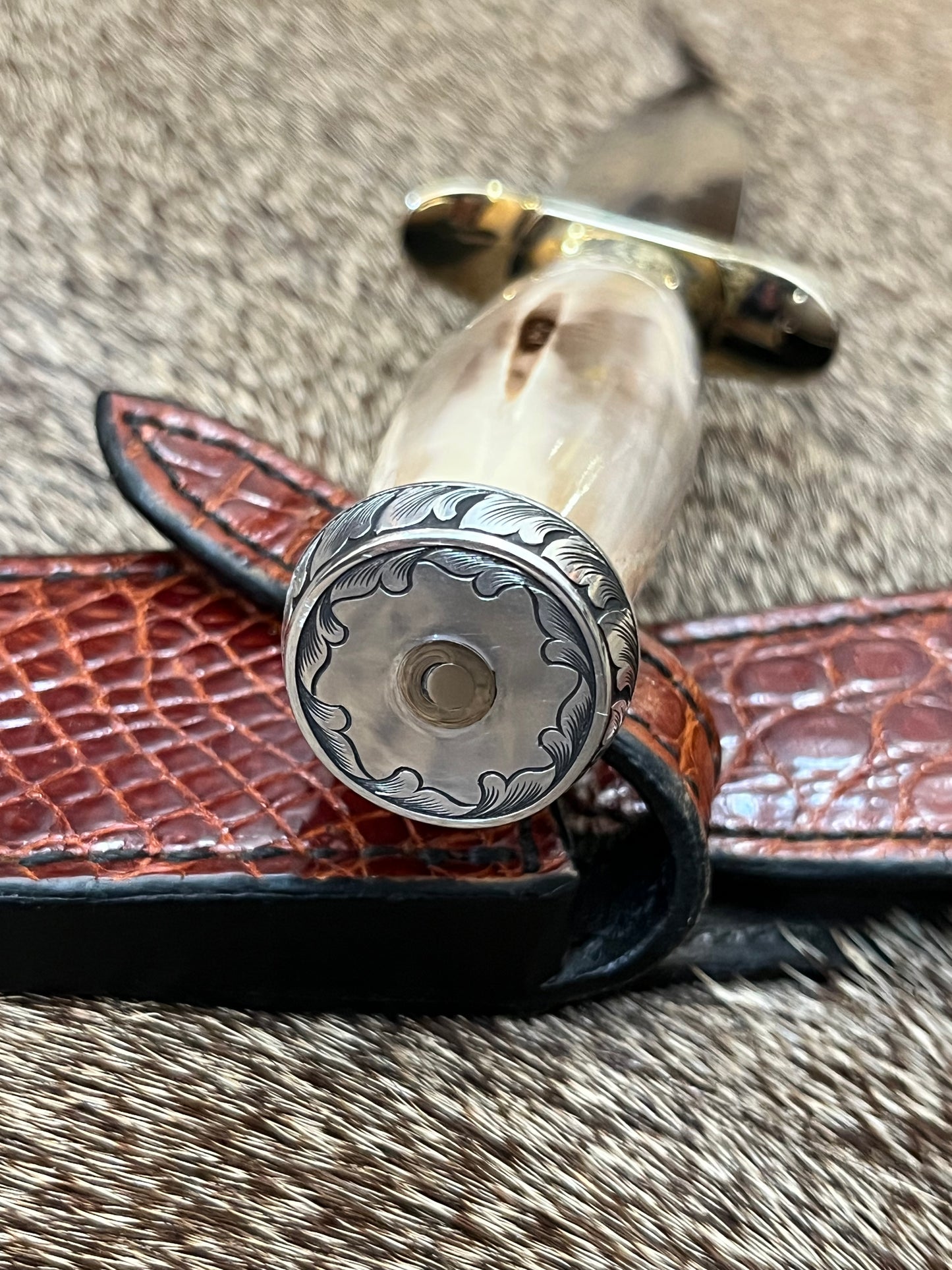 Model 2-5” Fossil Walrus with Custom Gutcher Sheath fully wrapped gloss brown crock, Engraving artist unknown, looks a lot like Ron Skaggs work