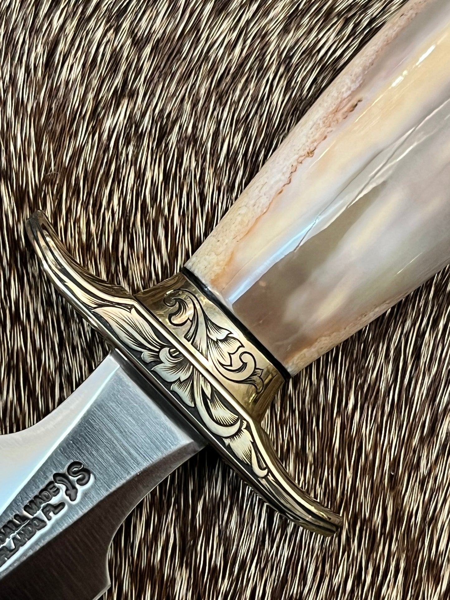 Model 2-5” Fossil Walrus with Custom Gutcher Sheath fully wrapped gloss brown crock, Engraving artist unknown, looks a lot like Ron Skaggs work
