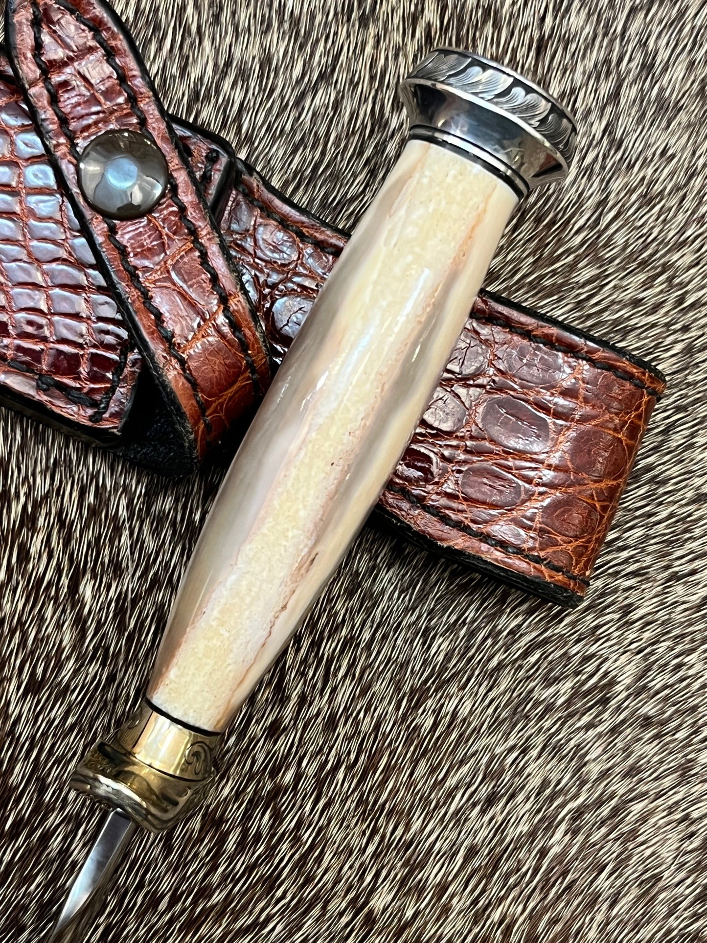 Model 2-5” Fossil Walrus with Custom Gutcher Sheath fully wrapped gloss brown crock, Engraving artist unknown, looks a lot like Ron Skaggs work