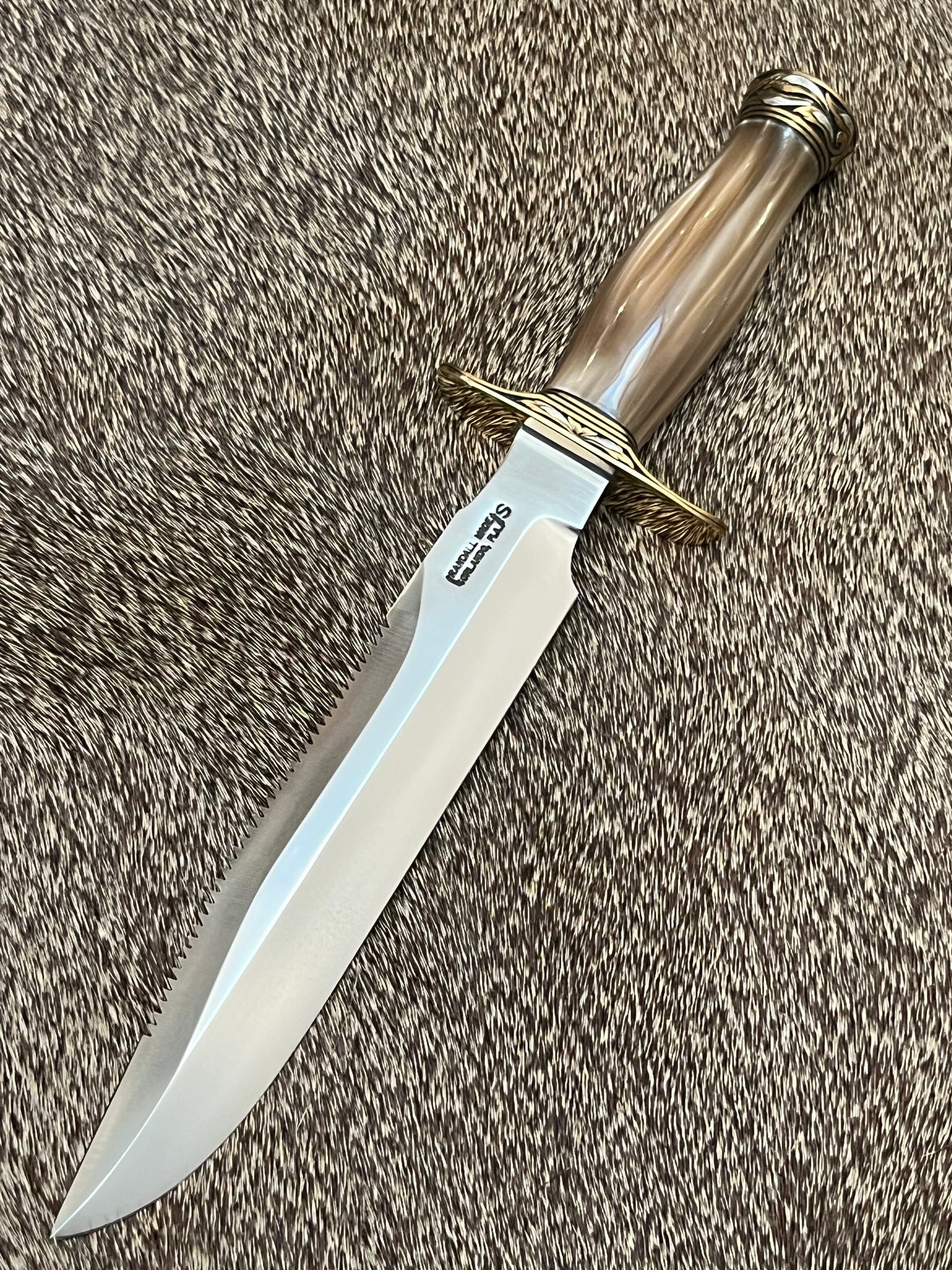Model 1-8” All Purpose Fight Knife with saw and Brown Pearl Kirinite Handle Engraved Master Engraver Jere Davidson with Fine Silver Enlays
