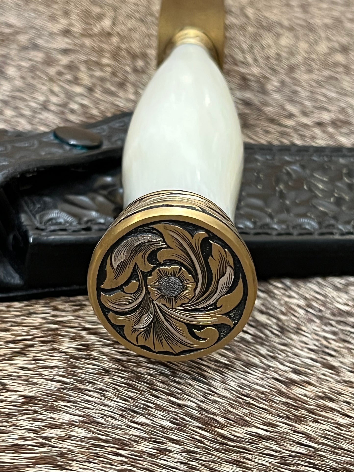 Model 1-7” All Purpose Fighting Knife, Engraved by Master Engraver Jere Davidson with Fine Silver Inlays, comes with Custom Black Leather Tooled Gutcher Sheath