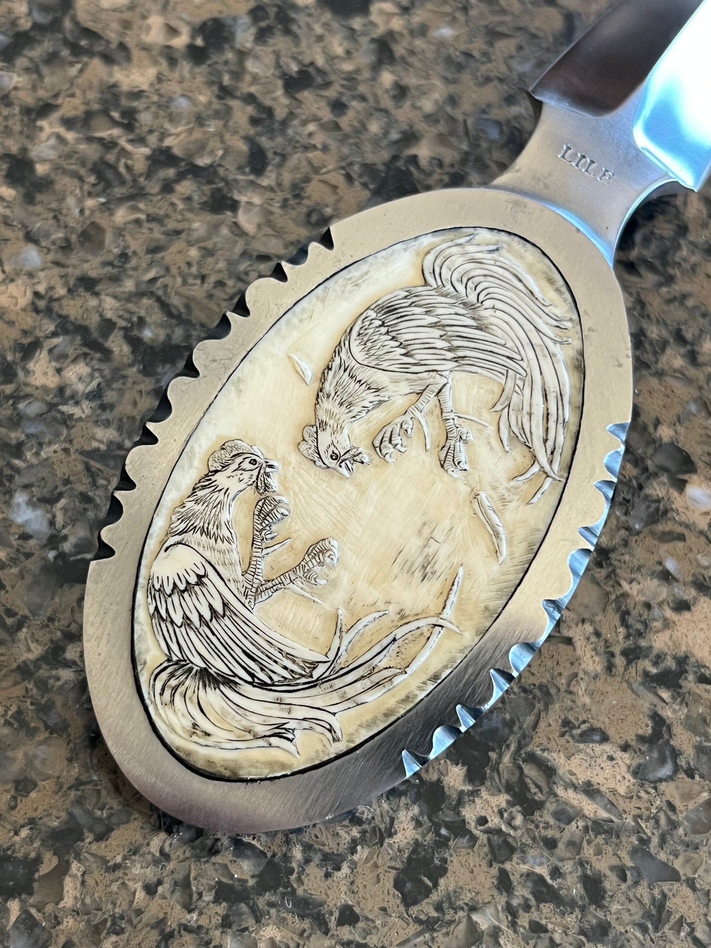 Jimmy Lile Belt Buckle Knife Carved Ivory Fighting Rooster’s