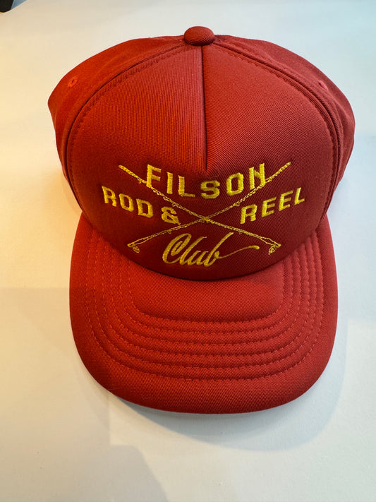 Filson Harvester Rod & Reel Club Fishing Hat Cap ~ Rust Red ~ SnapBack Trucker