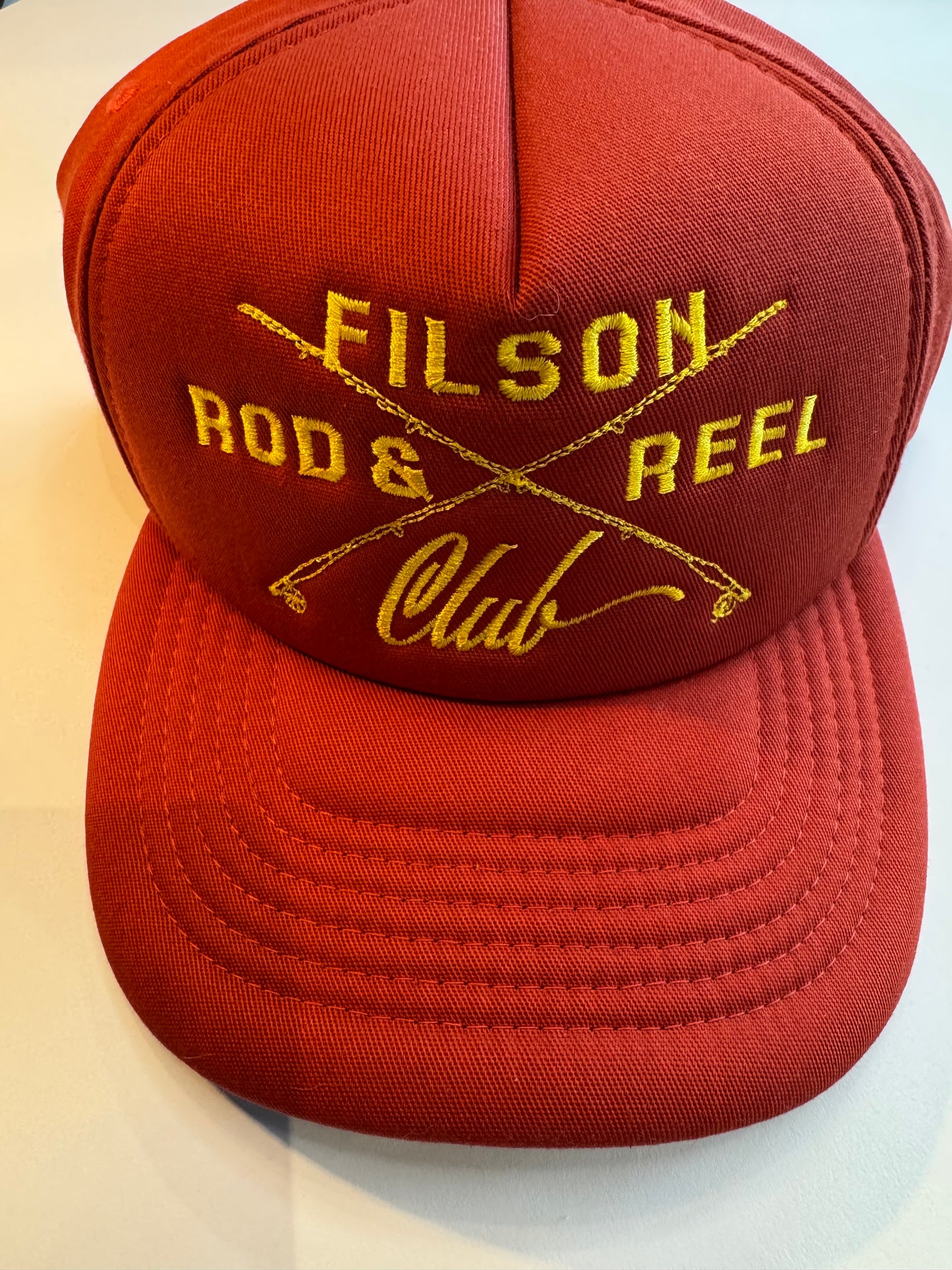 Filson Harvester Rod & Reel Club Fishing Hat Cap ~ Rust Red ~ SnapBack Trucker