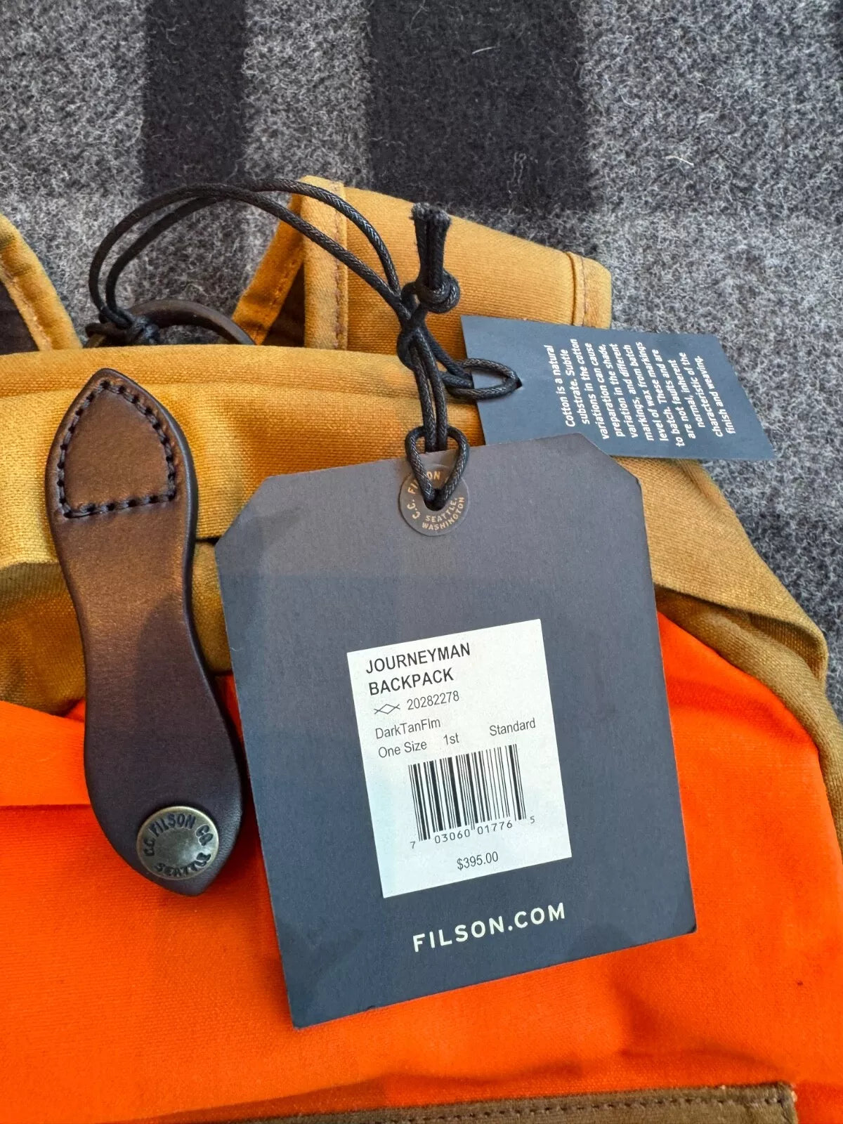FILSON New JOURNEYMAN BACKPACK DARK TAN/FLAME NWT unused Imported 20282278
