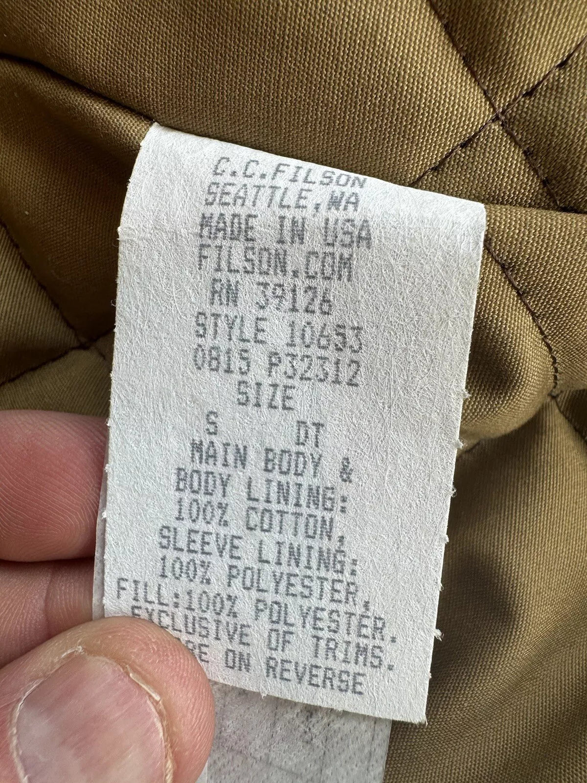 Rare Filson Insulated Journeyman Jacket Tin Cloth Dark Tan USA Small Brand New -10653251102