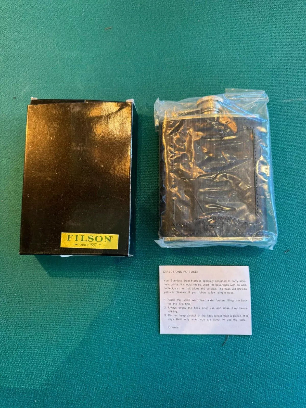 Vintage Filson Black Leather Stainless Steel 6OZ Flask New in Box Rare 69030001135