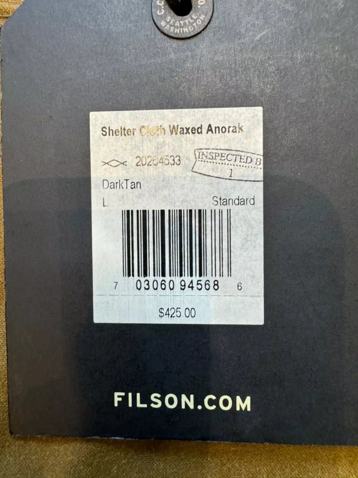 Filson Shelter Cloth Waxed Anorak 20264533 USA Large Dark Tan Khaki Pullover