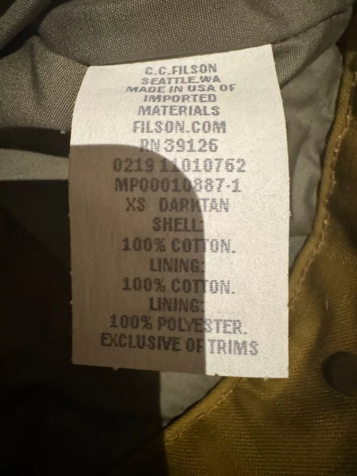 Rare Filson Tin Cloth Short Lined Cruiser | Extra Small Made in USA | Dark Tan 11010762