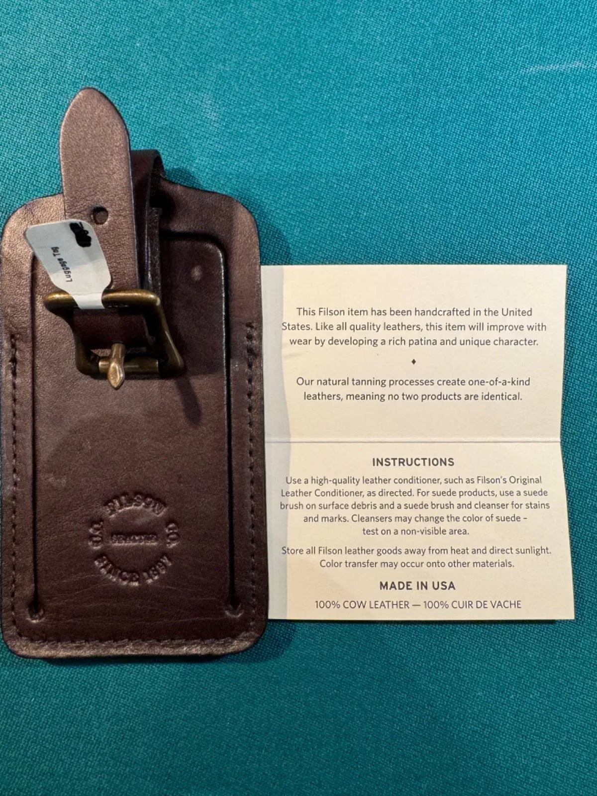 FILSON Weatherproof Leather LUGGAGE TAG Brown Felt Pouch Made USA New with Tags