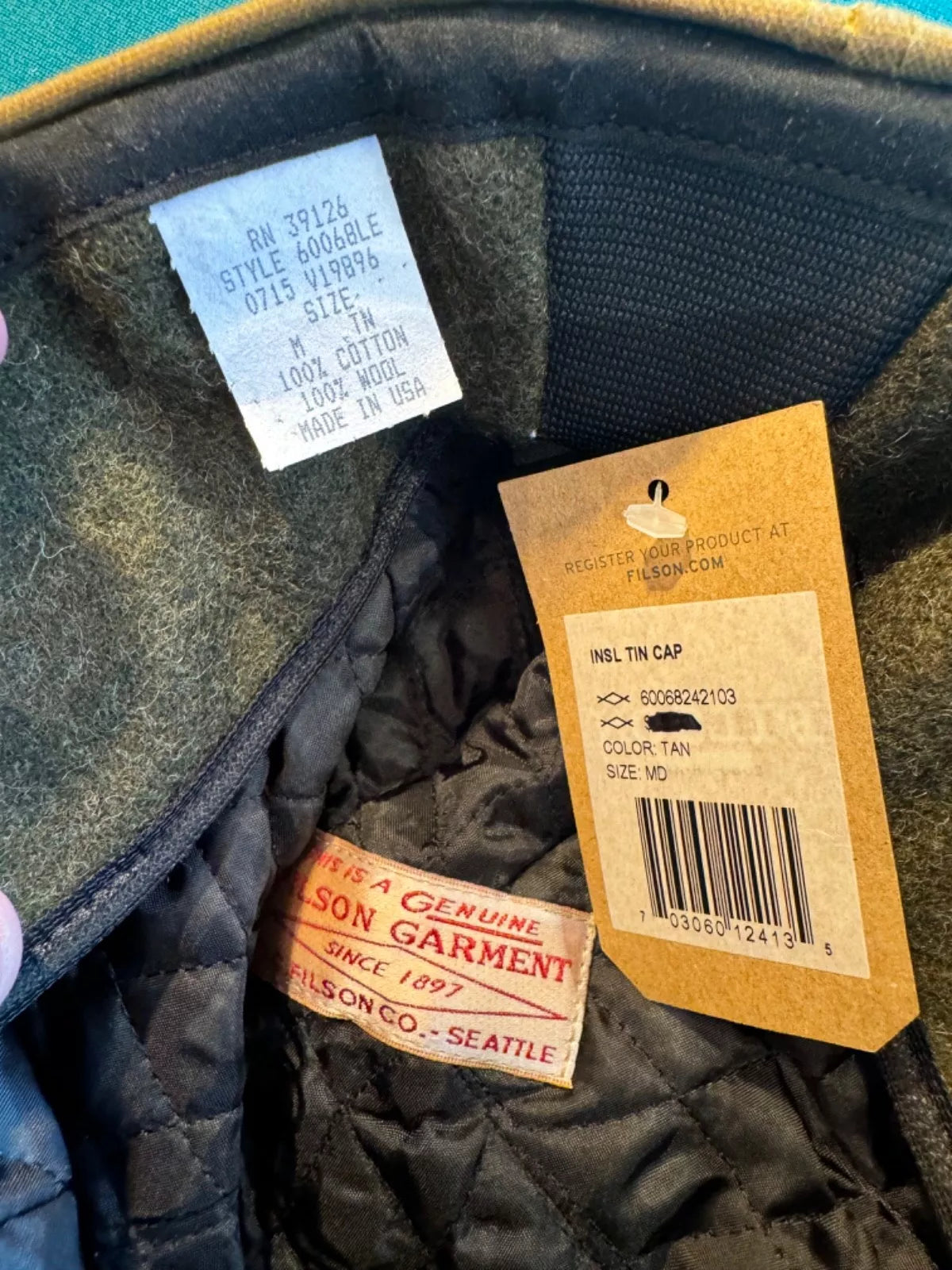 Filson Insulated Tin Cloth Cap USA M Medium Dark Tan Vintage New with Tags 60068242103
