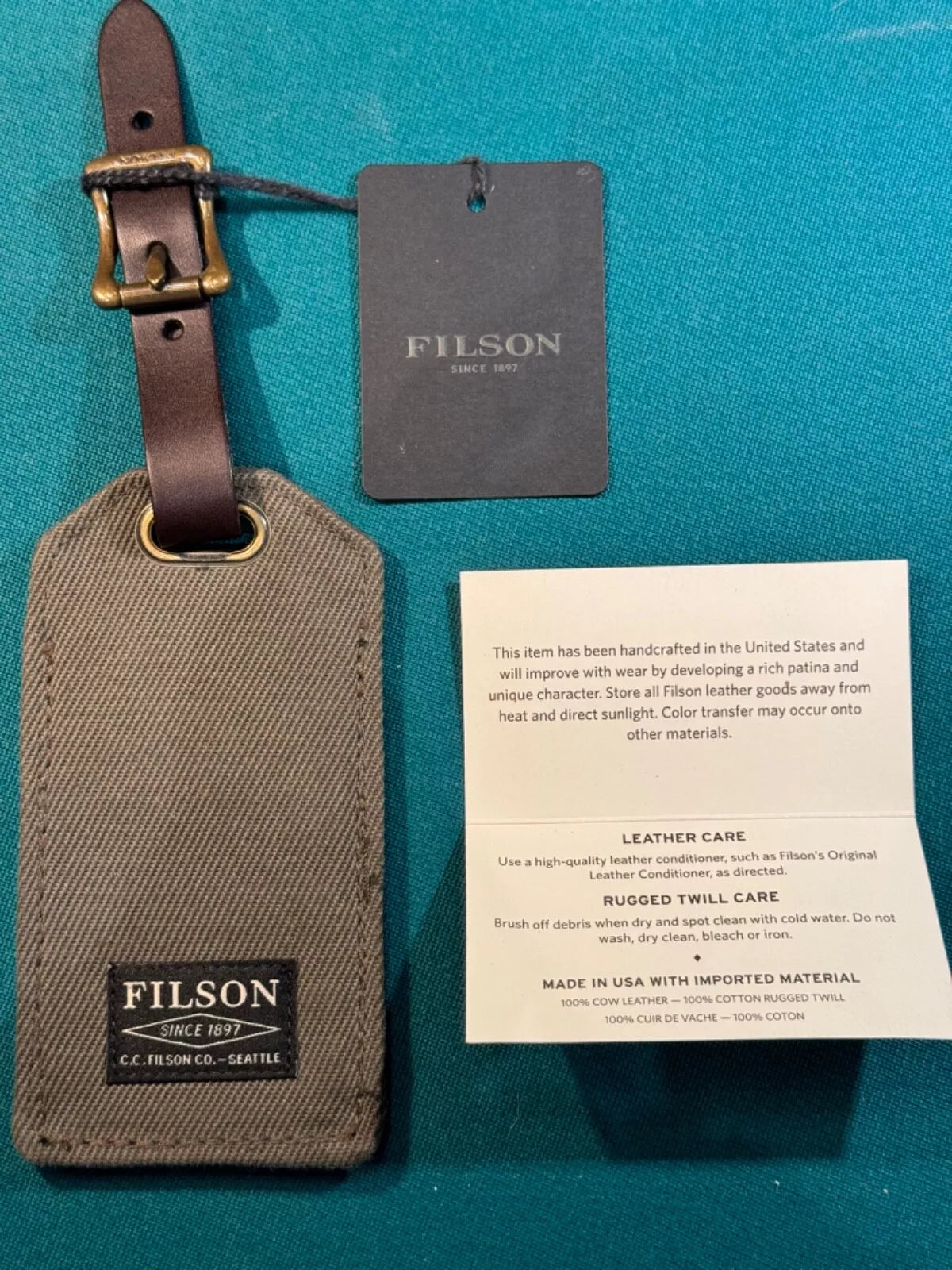 FILSON RUGGED TWILL LUGGAGE TAG Otter Green Rare New with Tags 20152979 Mint