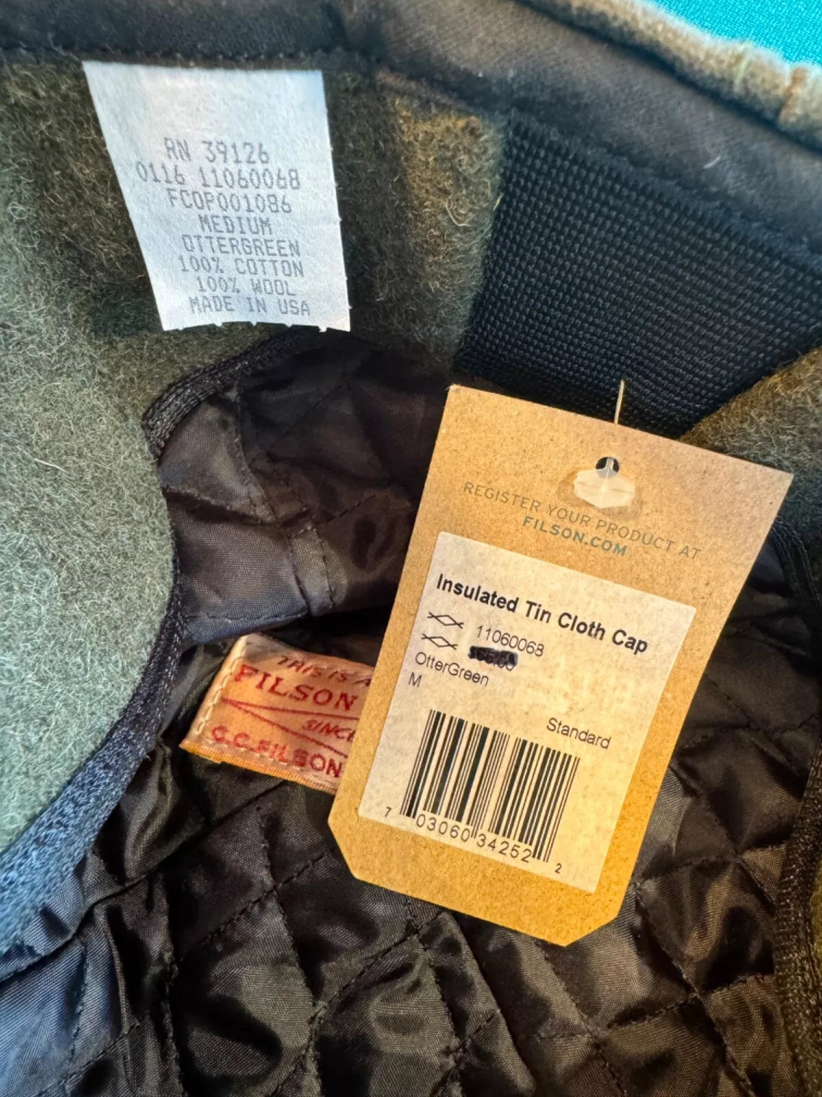 Filson Insulated Tin Cloth Cap 60068 USA M Otter Green OG Vintage New with Tags 11060068