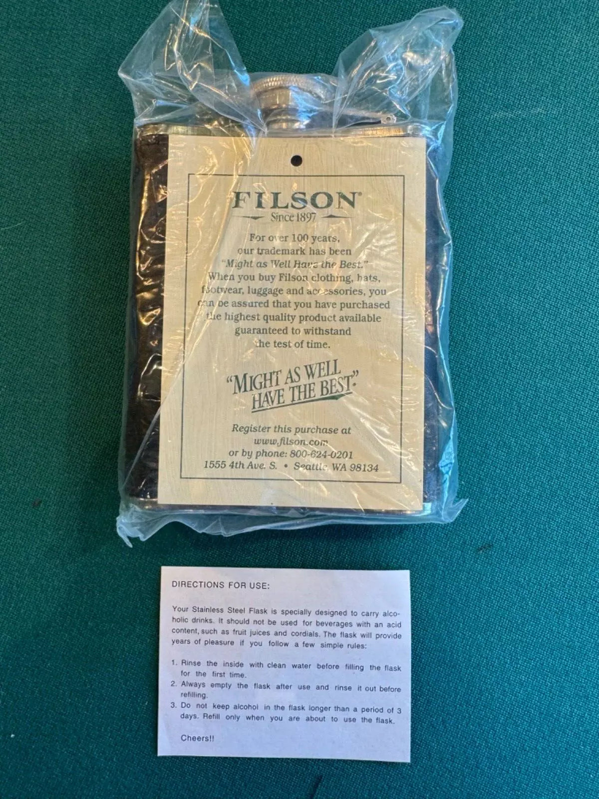 Vintage Filson Black Leather Stainless Steel 6OZ Flask New in Box Rare 69030001135