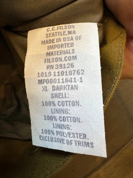 Rare NWT Filson Tin Cloth Short Lined Cruiser X Large USA Made Dark Tan 11010762