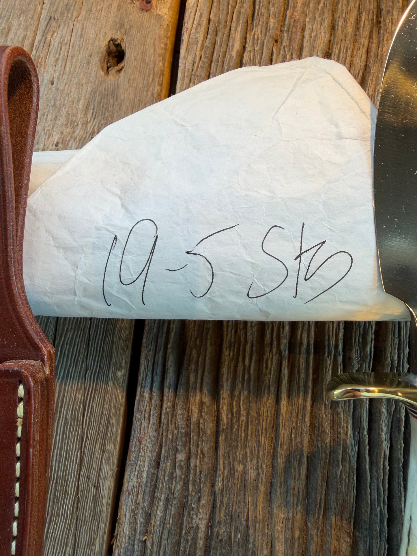 New in Paper Randall Model 19-5 Bushmaster with a Stag handle. Carbon blade, Nickel silver single hilt. Brown leather sheath.