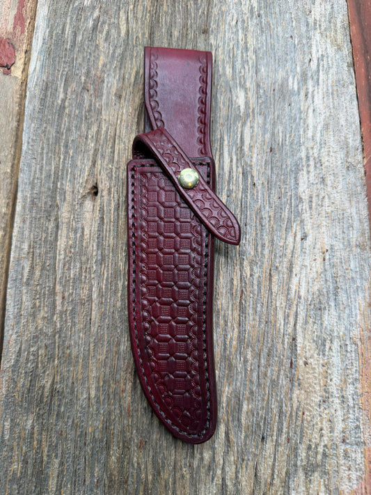 Randall Model 12-6 sheath in Ox Blood Red stamped leather from Sullivans by Gutcher. Parquet window pattern, mesmerizing !!
