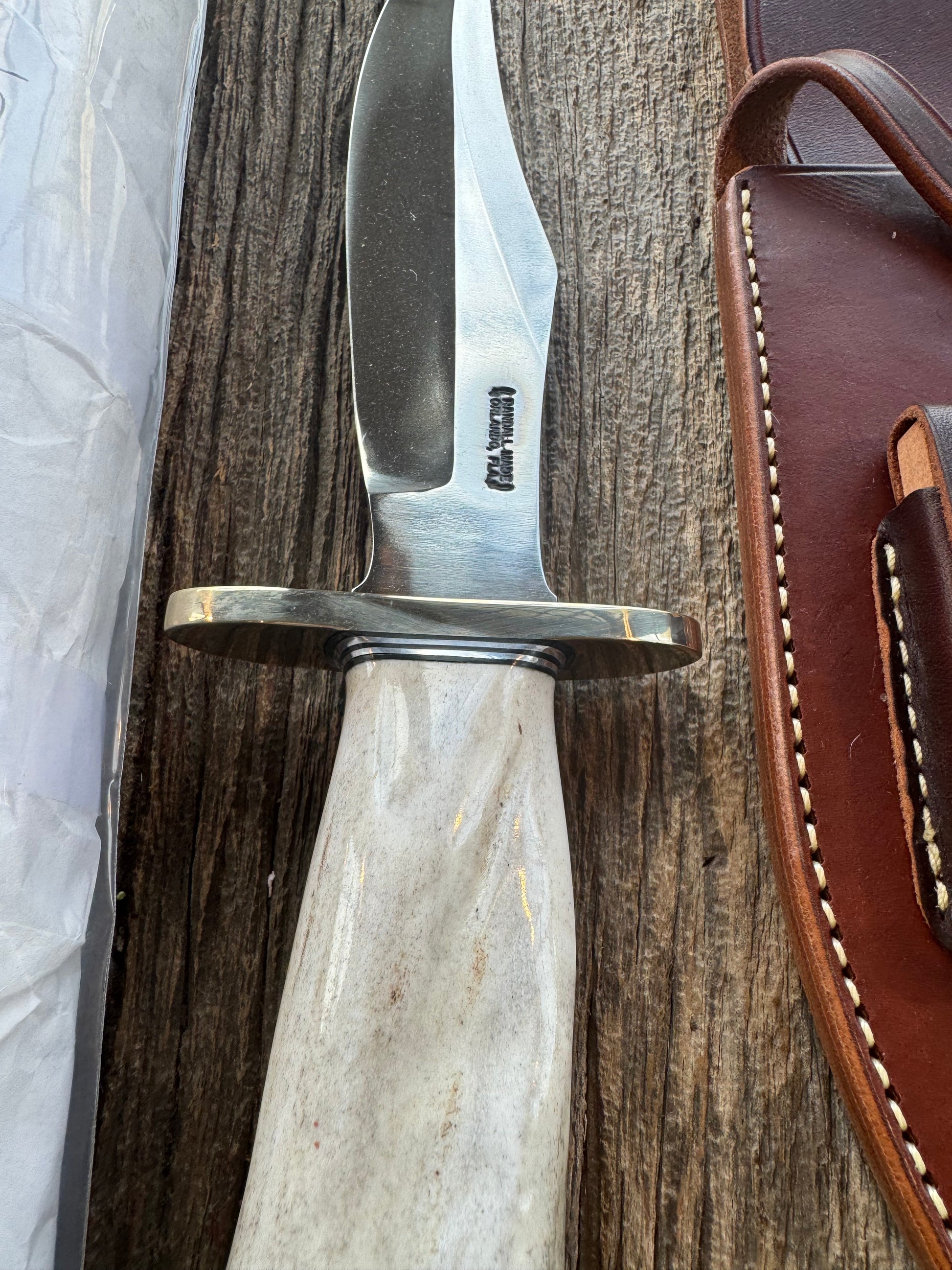 Randall Model 12-8 Big Bear in a gorgeous piece of Polished Crown Stag. Nickel Silver Hilt and a natural exposed end. Stainless,